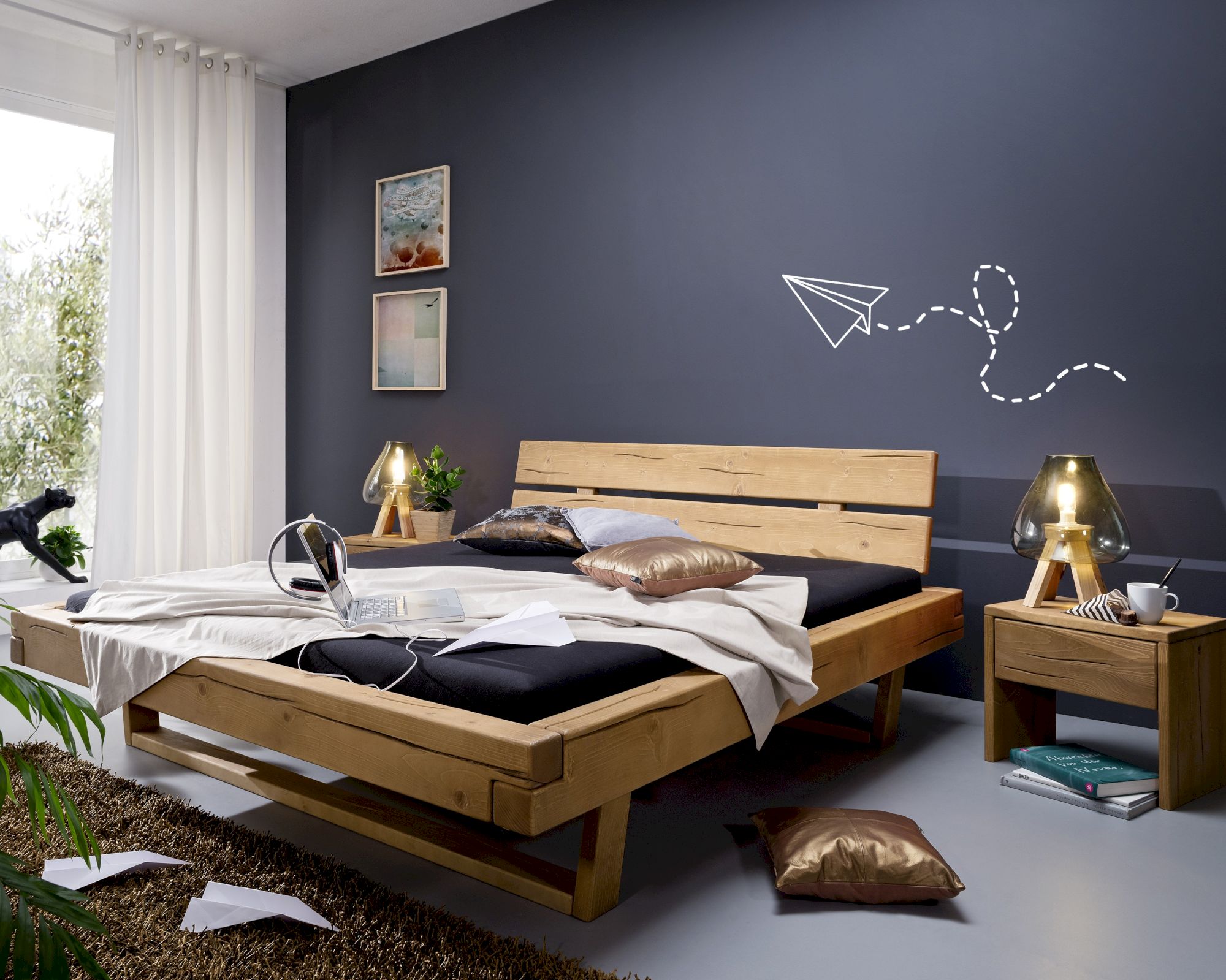 3S Frankenmöbel »Alia 1« Balkenbett Massivholz BE-0280 / 160x200 cm / Eichefarben gebeizt