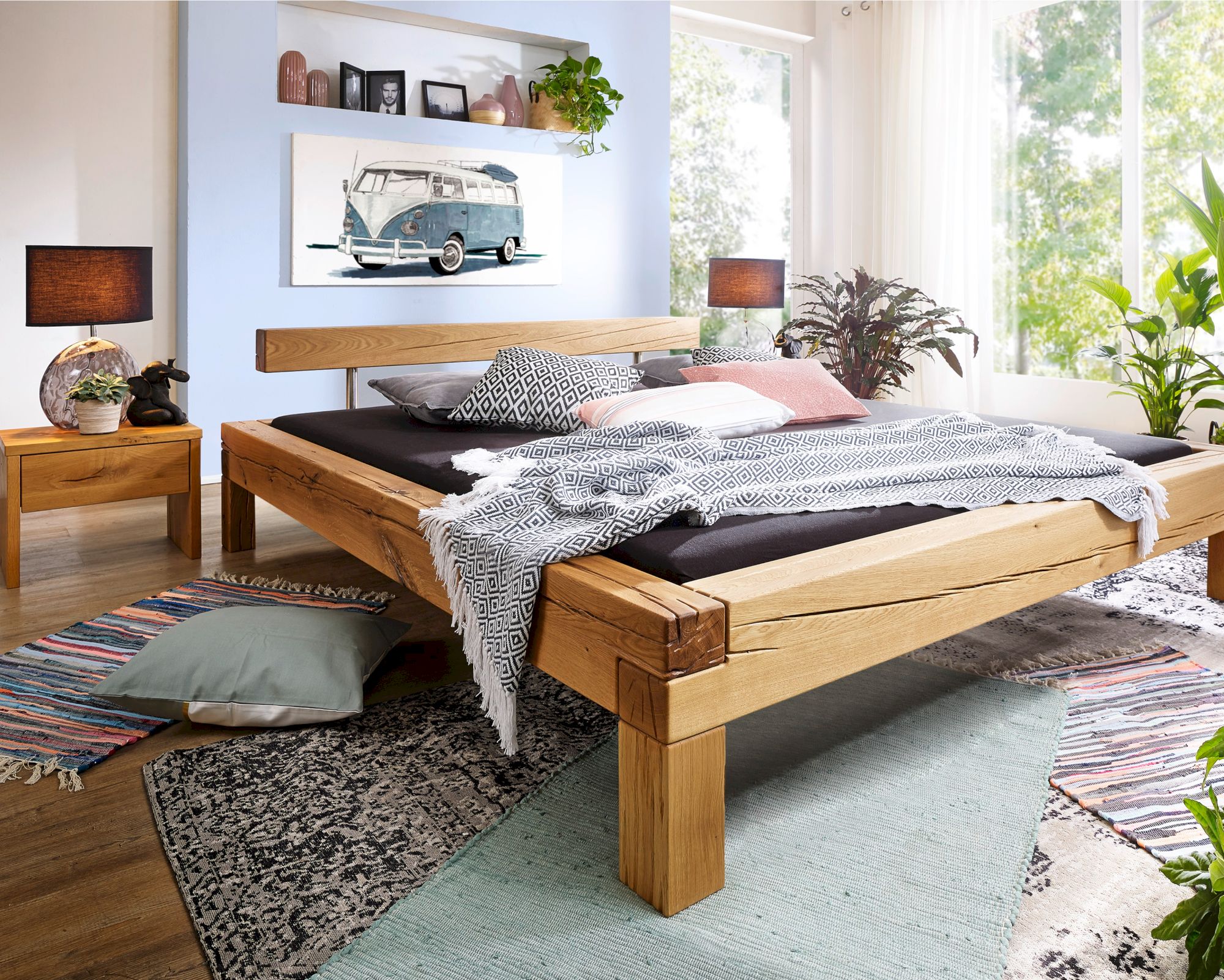 3S Frankenmöbel »Bella Notte II« Massivholz Bett mit Kopfteil Balken BE-0405 / 140x200 cm / Wildeiche