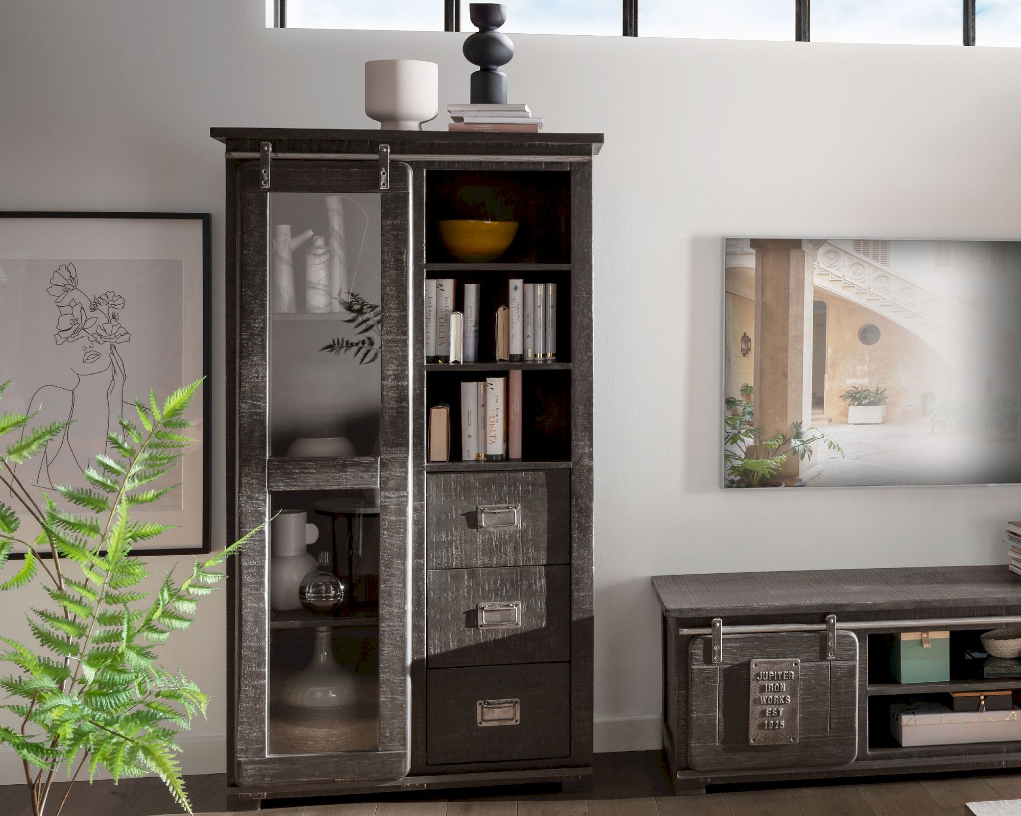 3S Frankenmöbel »Cosma« Massivholz Vitrine I grau WZ-0480 / 100x175x45 cm