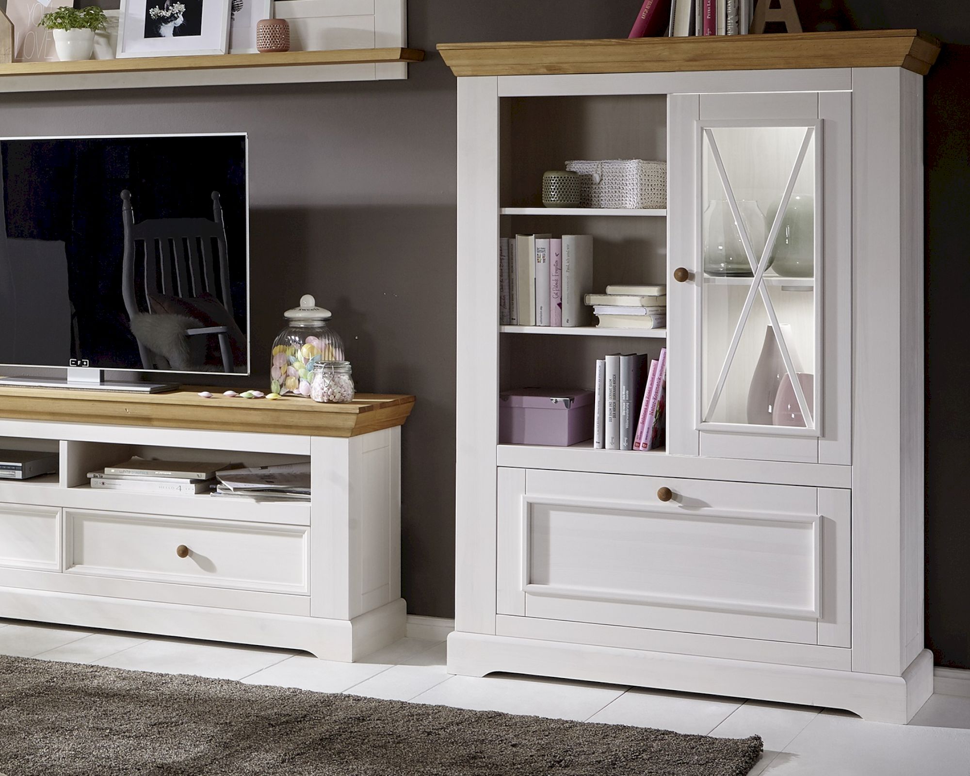 3S Frankenmöbel »Country« Massivholz Highboard weiss WZ-0133 / B 111 x H 152 x T 43 cm