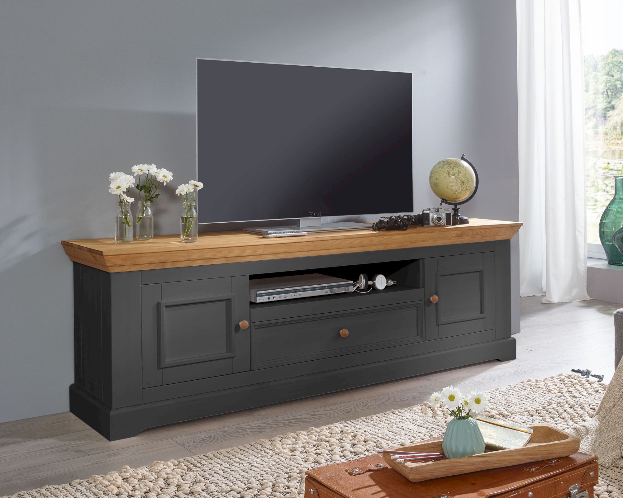 3S Frankenmöbel »Country« Massivholz Lowboard l grau WZ-0133 / B 189 x H 63 x T 42 cm