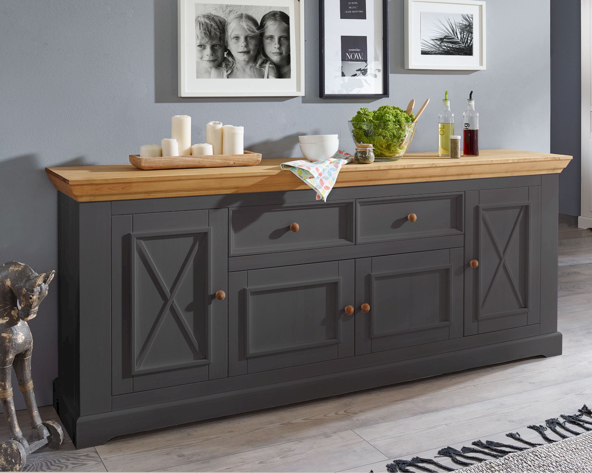 3S Frankenmöbel »Country« Massivholz Sideboard l grau WZ-0133 / B 209 x H 88 x T 42 cm