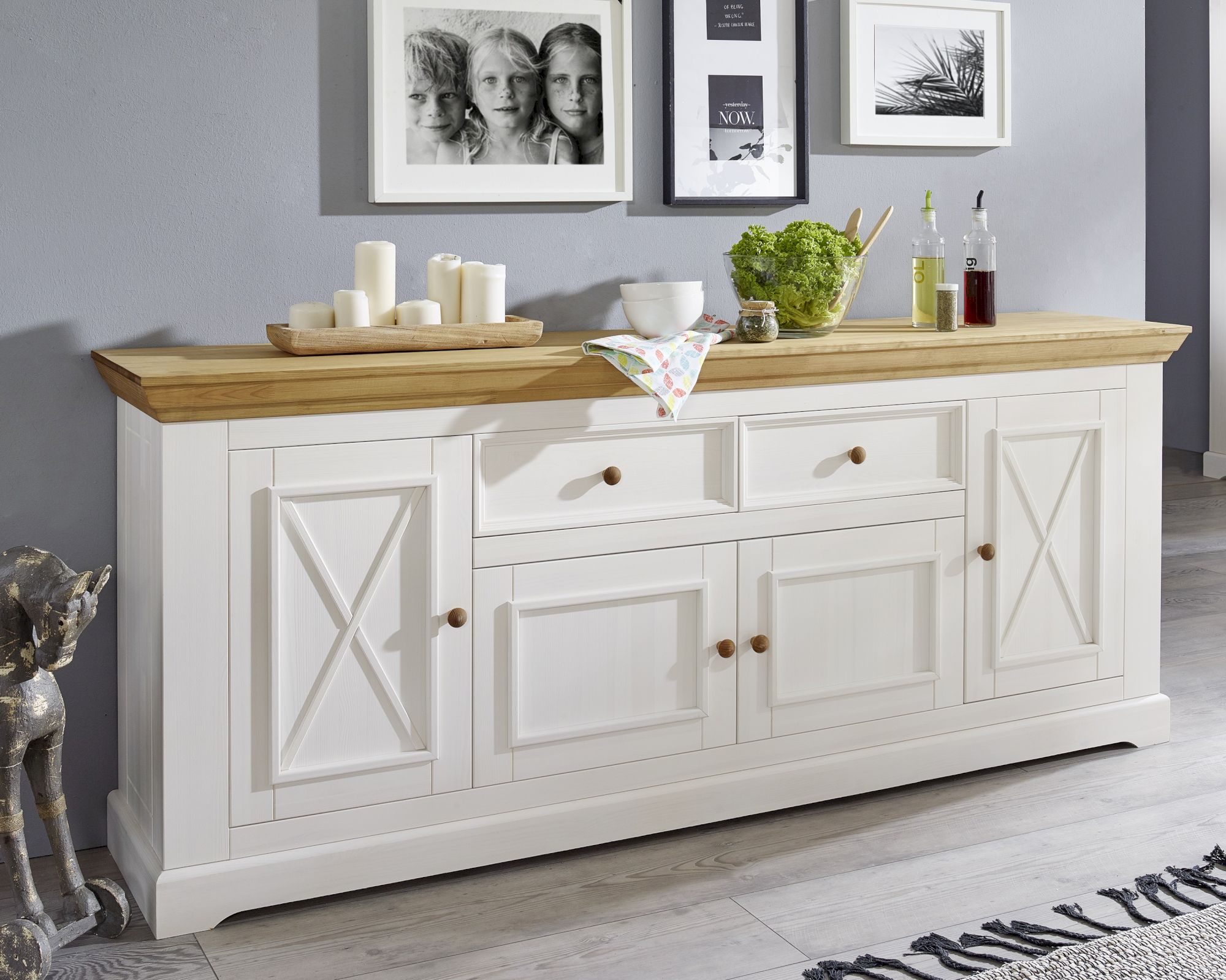 3S Frankenmöbel »Country« Massivholz Sideboard l weiss WZ-0133 / B 209 x H 88 x T 42 cm