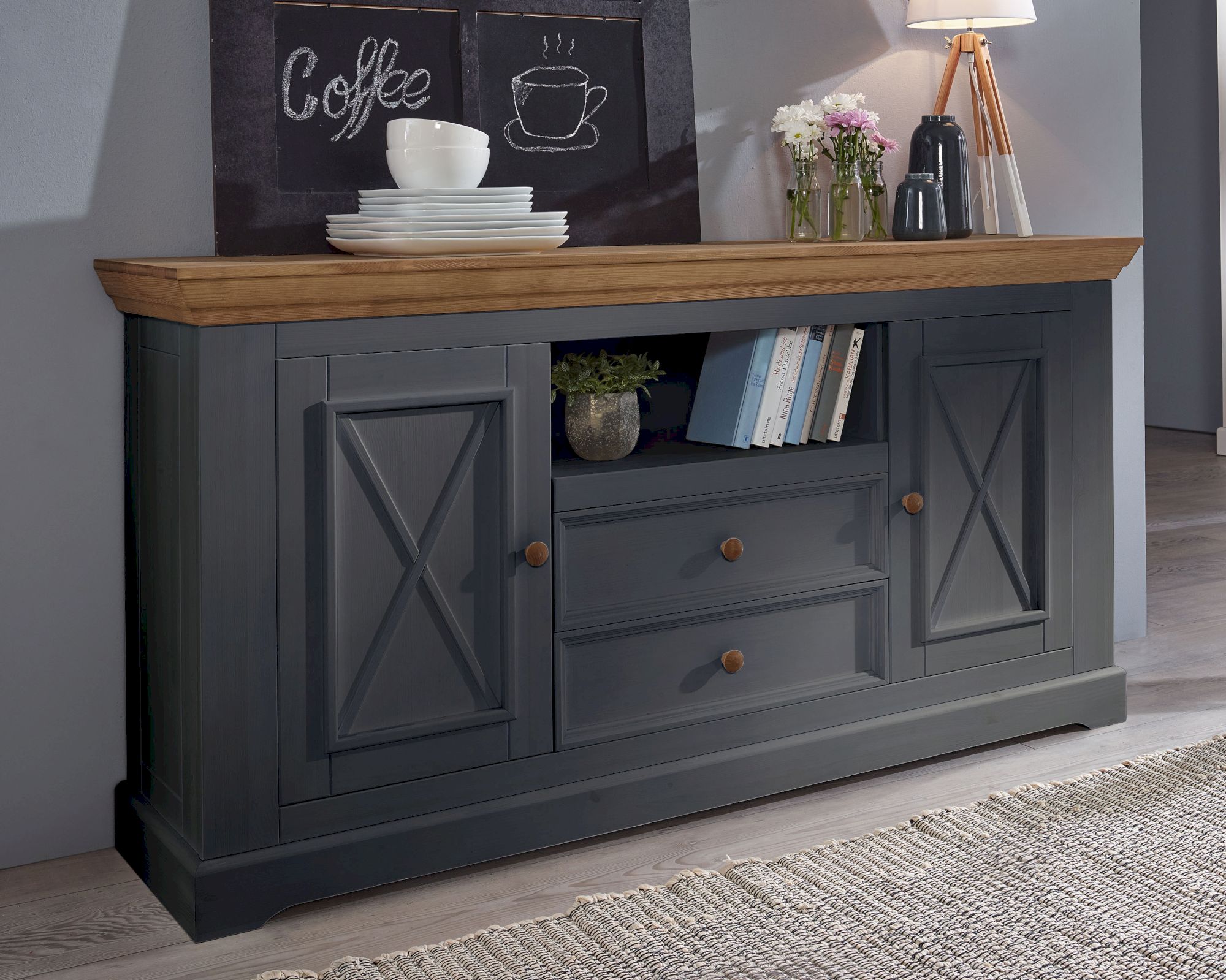 3S Frankenmöbel »Country« Massivholz Sideboard ll grau WZ-0133 / B 169 x H 88 x T 42 cm