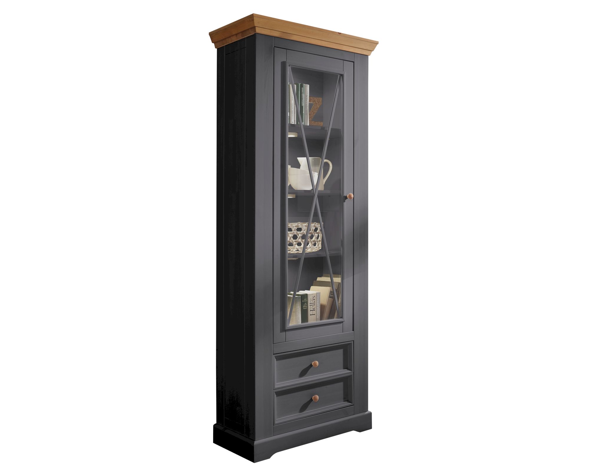 3S Frankenmöbel »Country« Massivholz Vitrine l grau WZ-0133 / 2 Schubfächer, 1 Glastüre