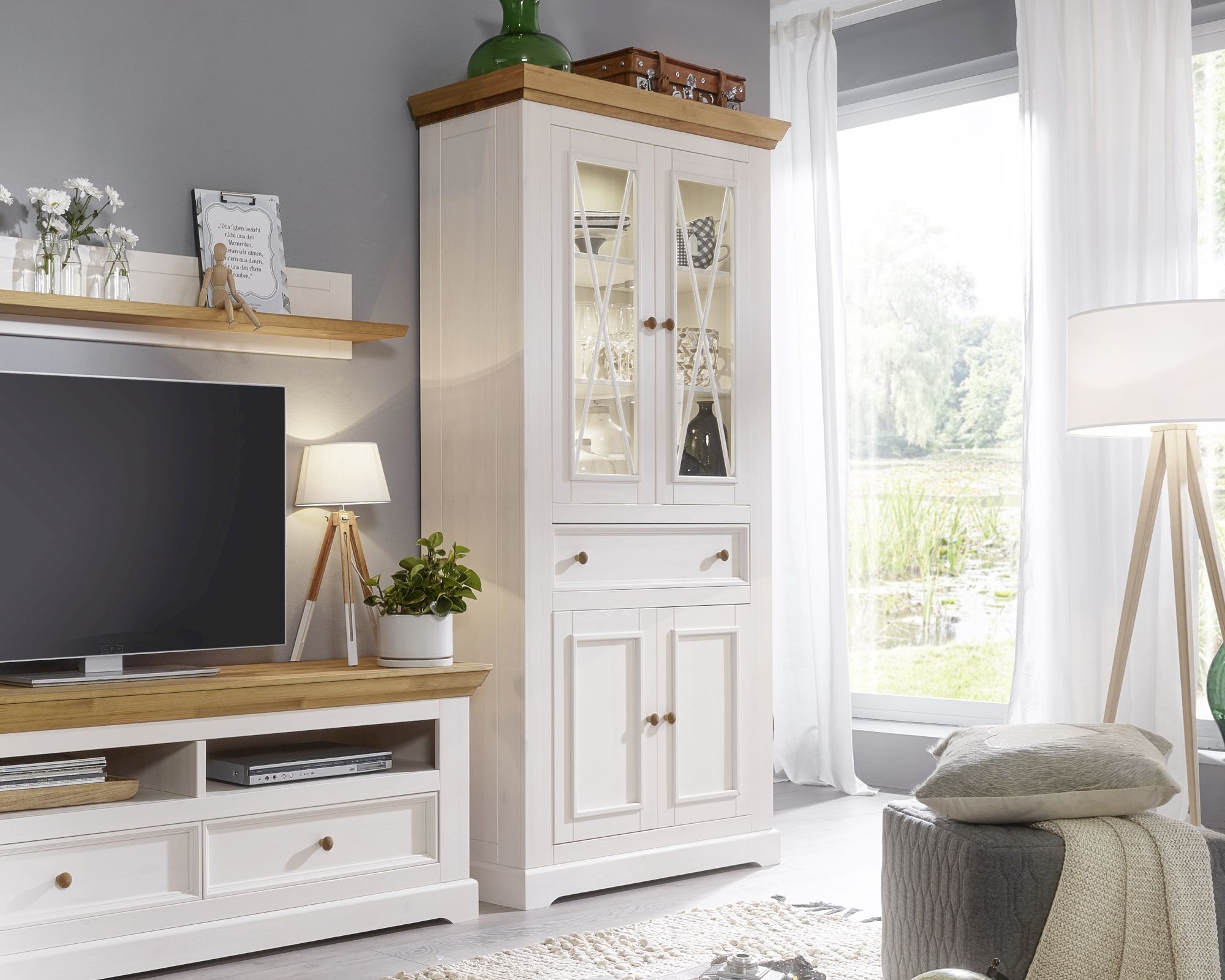 3S Frankenmöbel »Country« Massivholz Vitrine ll weiss WZ-0133 / inkl. 3 Einlegeböden
