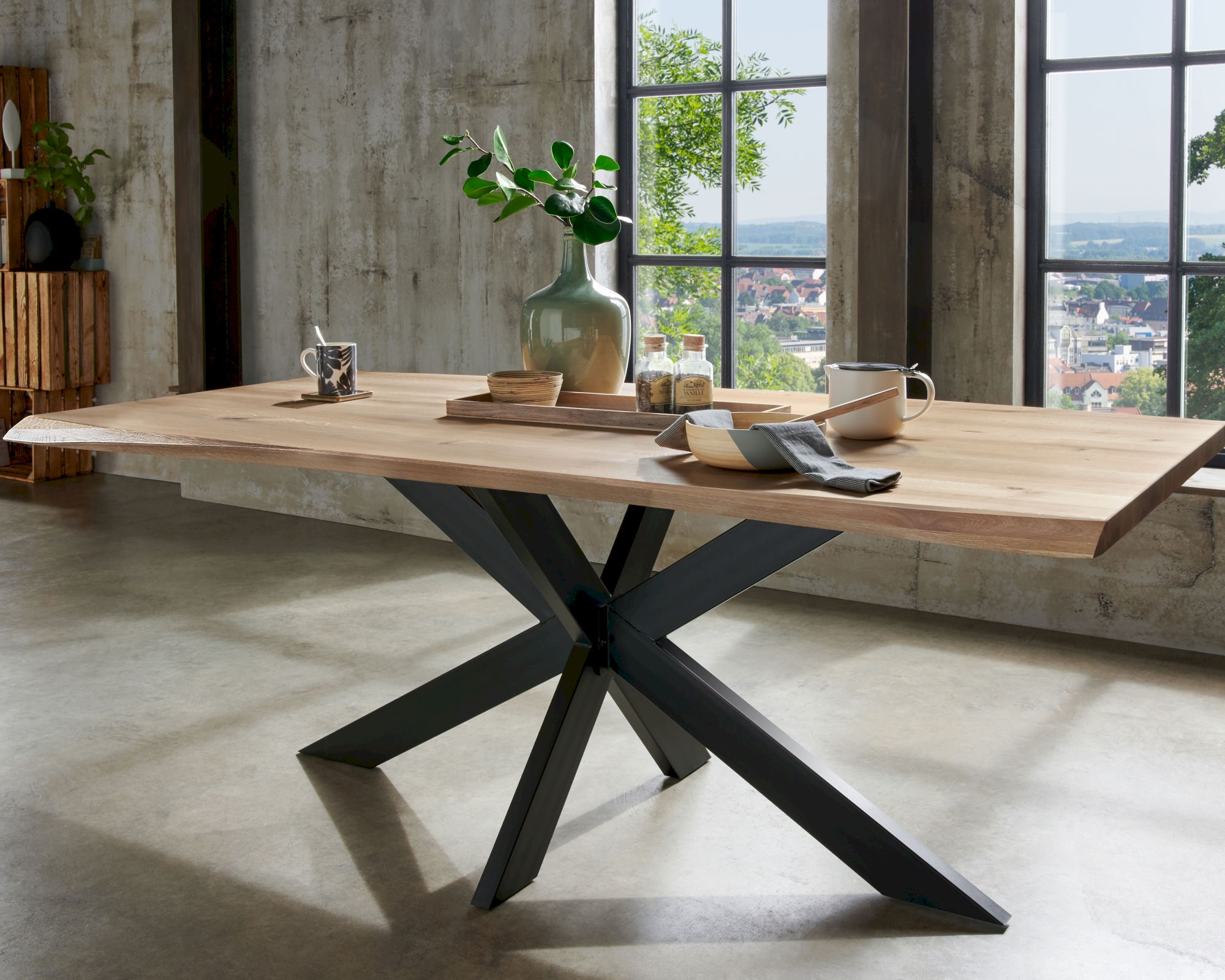 3S Frankenmöbel »Xenia I« Wildeiche Massivholz Esstisch TI-0175 / 200x100 cm / Gestell Doppel-X schwarz
