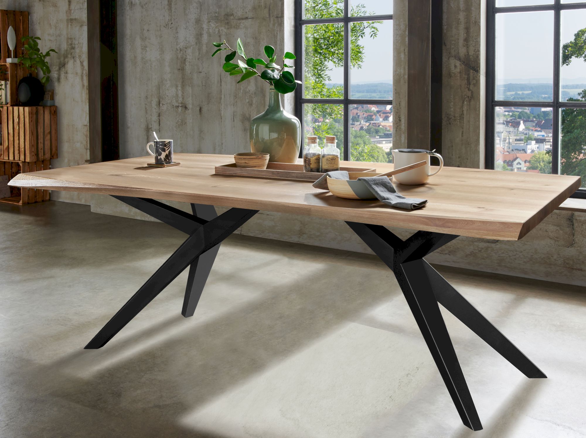 3S Frankenmöbel »Xenia II« Wildeiche Massivholz Esstisch TI-0175 / 200x100 cm / Gestell Design Metallfuß schwarz