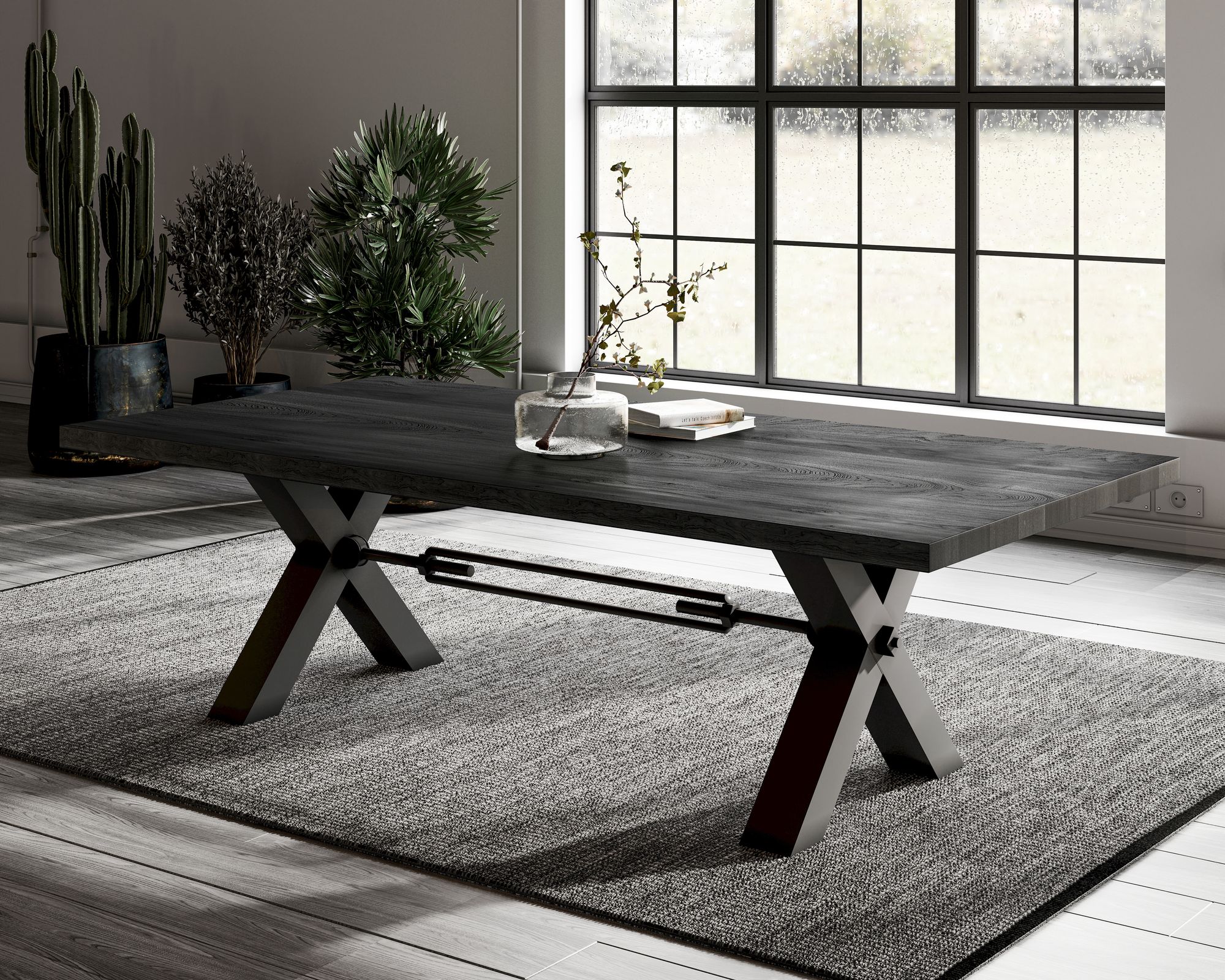 BlackWood »Table4YOU Dallas Black Edition« Wildeiche Massivholztisch Baumkante / Wildeiche schwarz / 6 cm / 220x100 cm