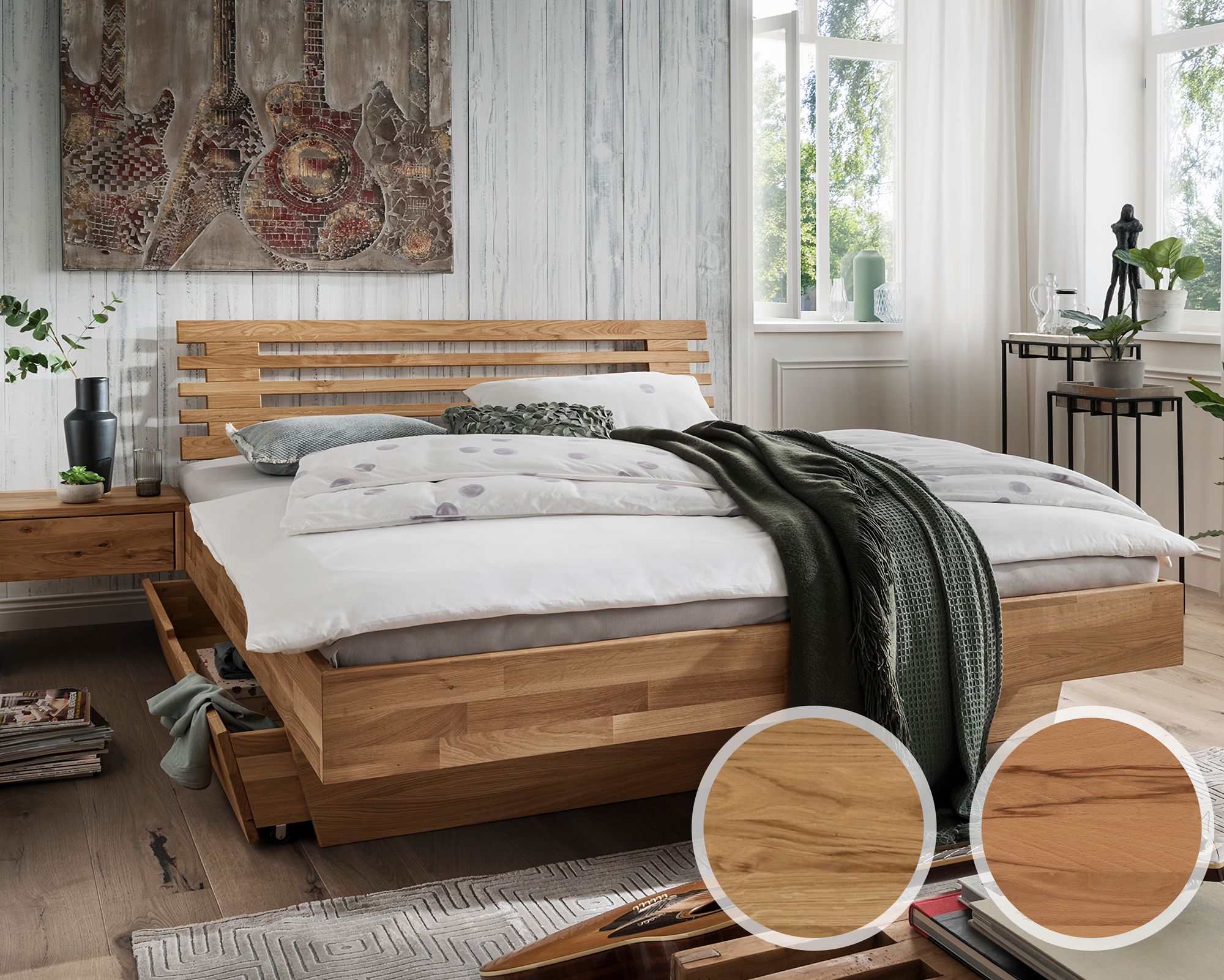Forestales »Akron« Massivholz Schwebebett mit Bettschublade 200x200 cm / Kernbuche / Baumkante