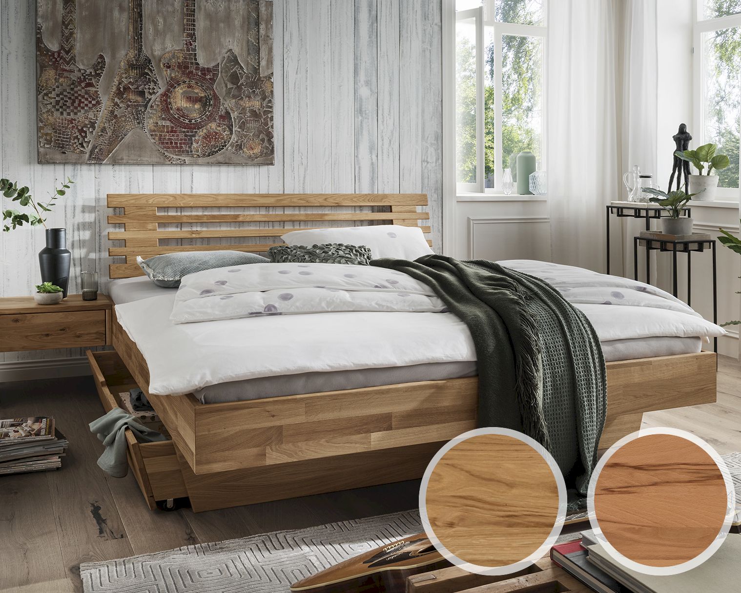 Forestales »Akron« Massivholz Schwebebett mit Bettschublade 160x200 cm / Kernbuche / Lamellen