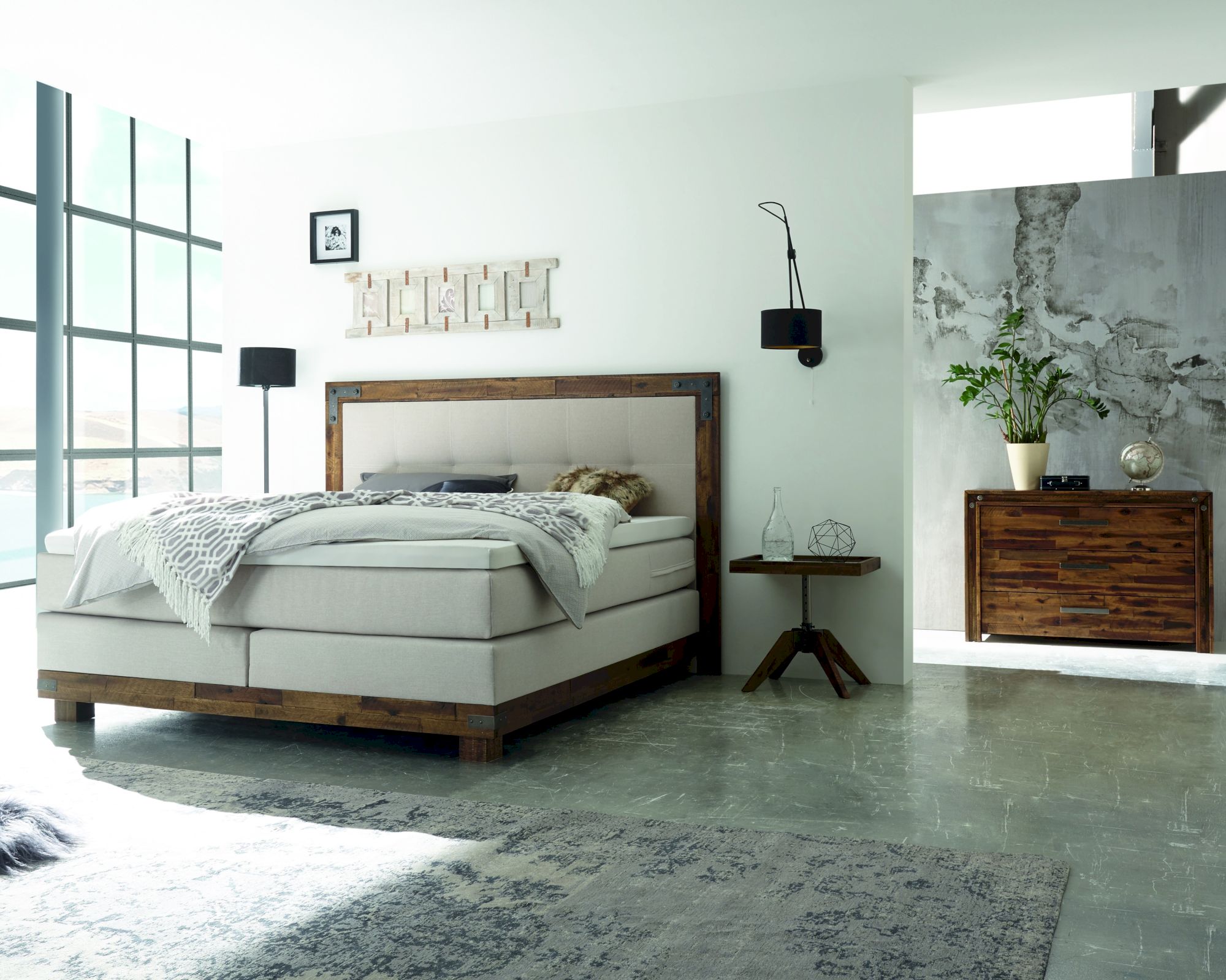 Hasena Boxspringbett Pronto Chicago 160x200 cm / Akazie Vintage Grey / Pepe Beige 327 / Agrea-Top