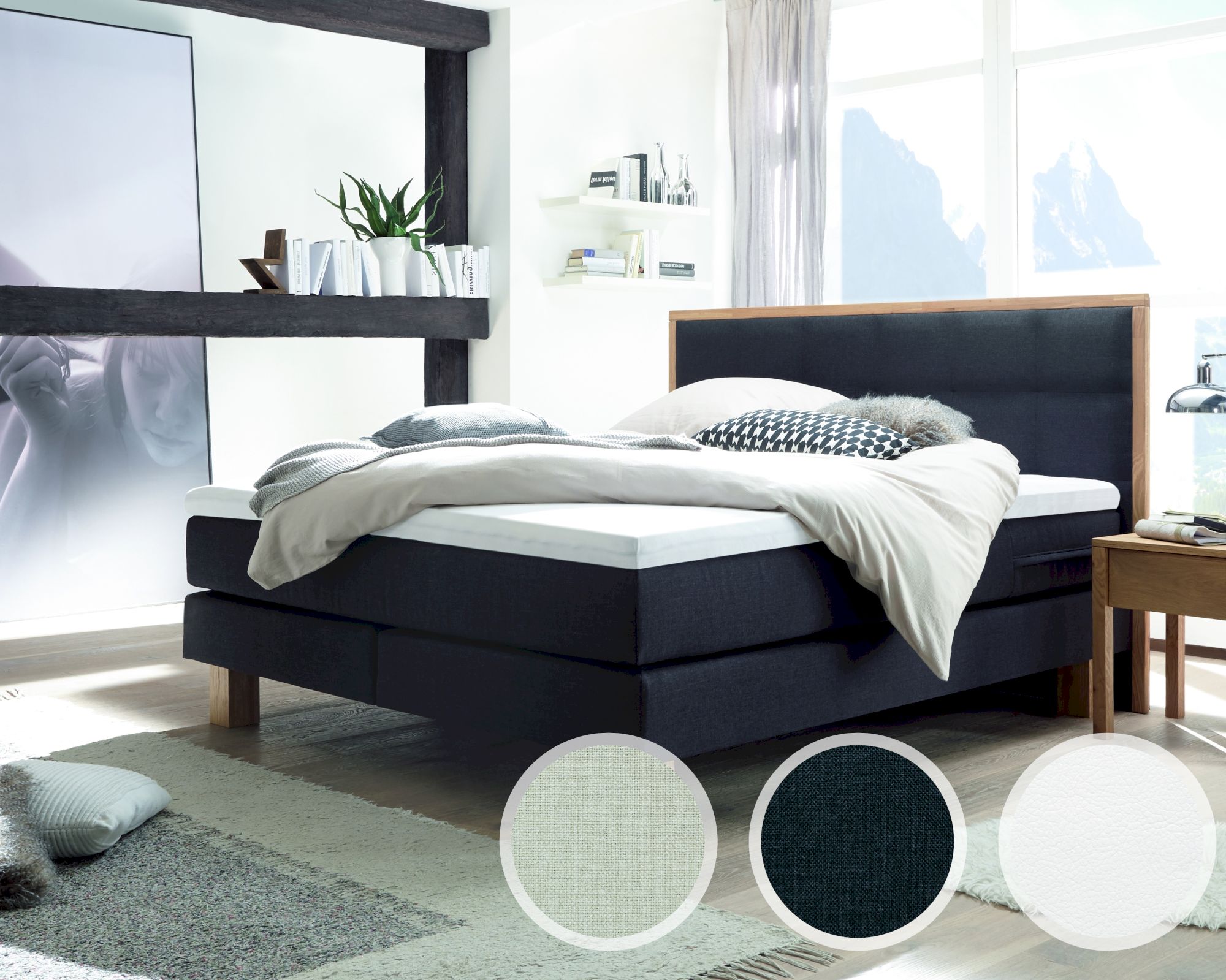 Hasena Boxspringbett Pronto Cottage 180x200 cm / Pepe beige 327 / Eiche massiv bianco / Base-Top