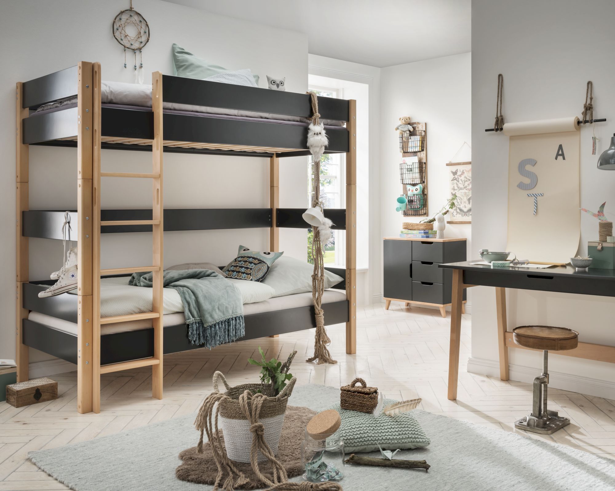 INFANSKIDS »Infanscolor« Kinderzimmer Etagenbett anthrazit 208x187x103cm / anthrazit-Buche