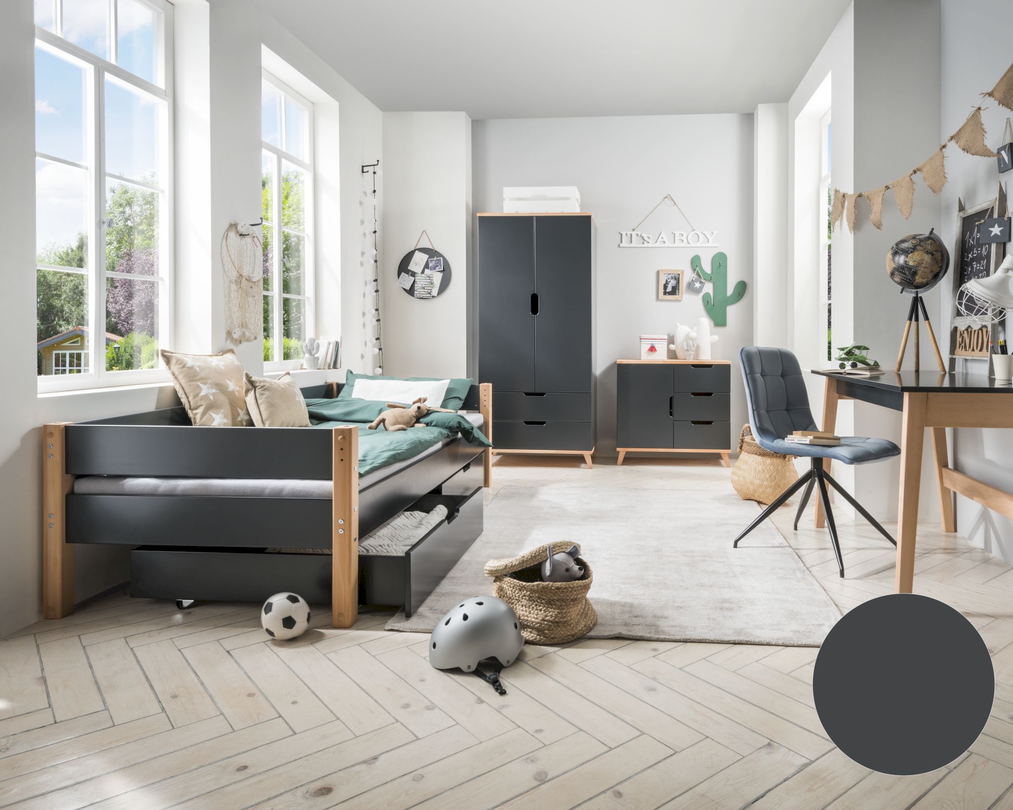 INFANSKIDS »Infanscolor« Kinderzimmer Kinderbett anthrazit anthrazit-Buche / mit Bettkasten