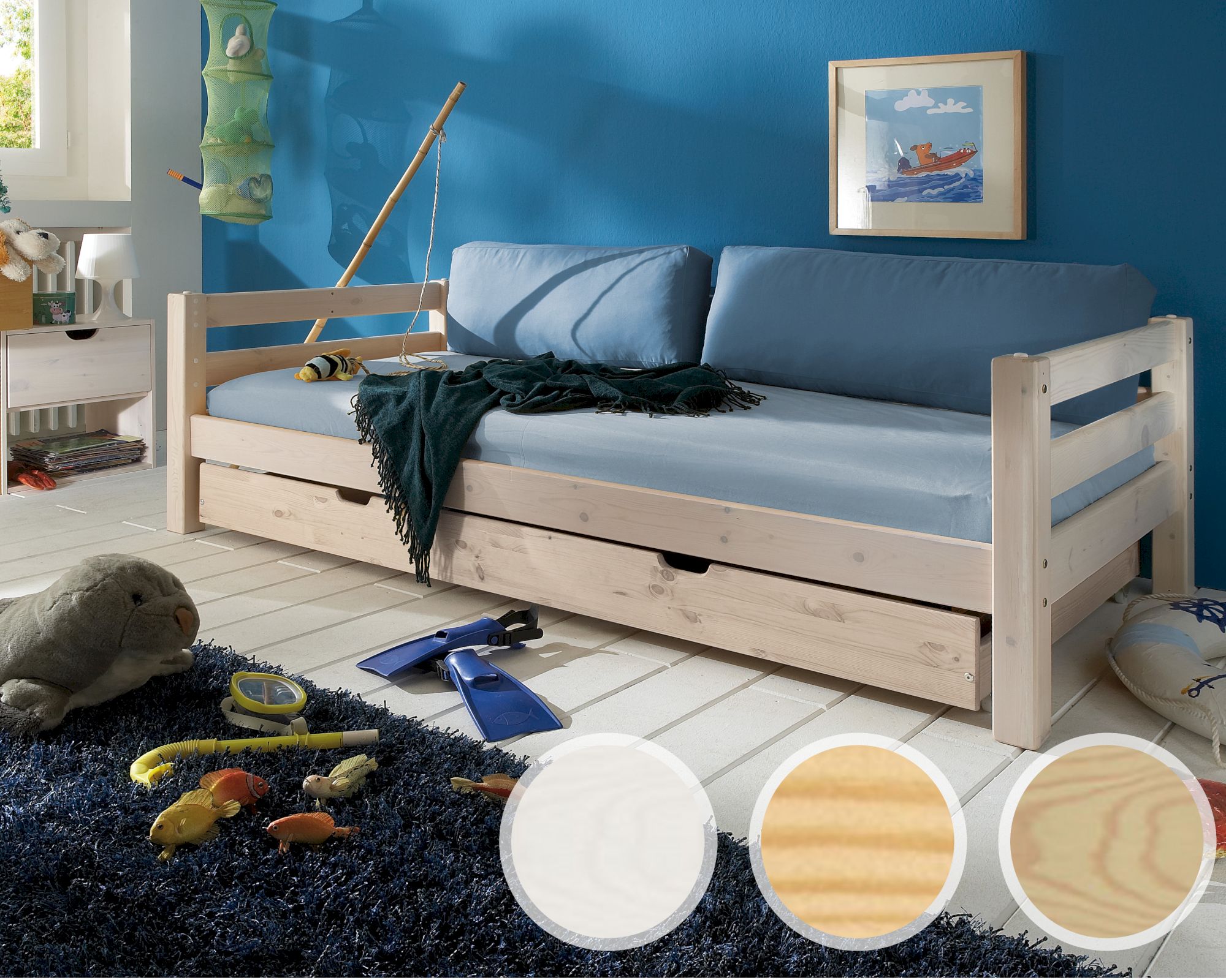 INFANSKIDS Kinderbett mit 1 Bettschubkasten Kiefer gelaugt