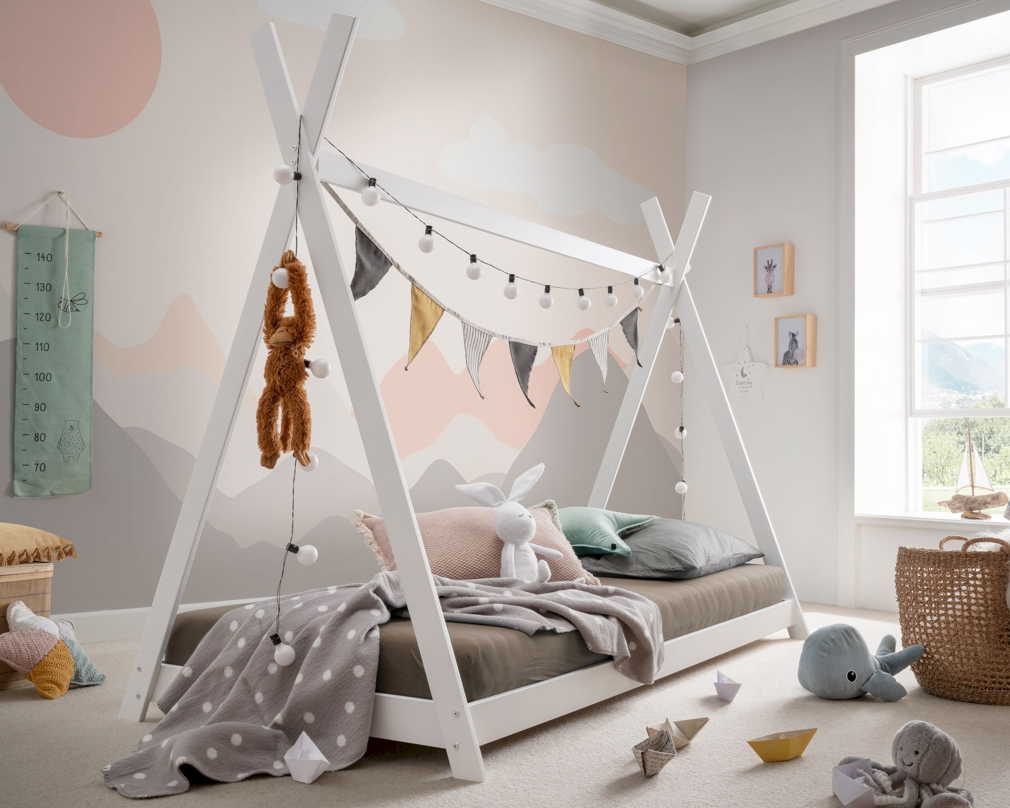 INFANSKIDS »Pinocchio« Tipi-Bett weiß Buche weiß lackiert / Stoffdach Rosa / ohne Rost