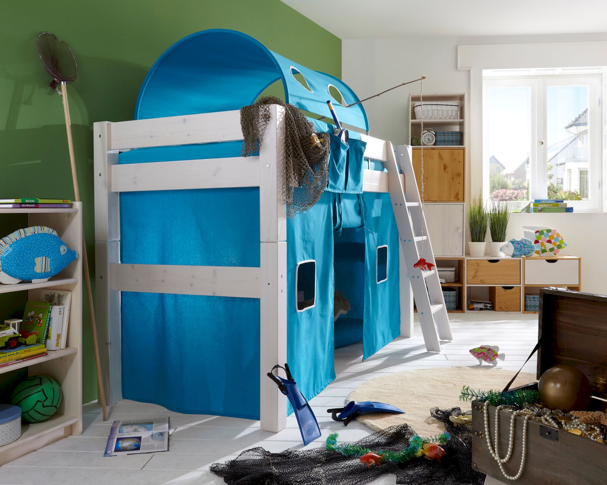INFANSKIDS »Toby« Kinderzimmer Hochbett 90x200 cm / 110 cm / Kiefer natur lackiert