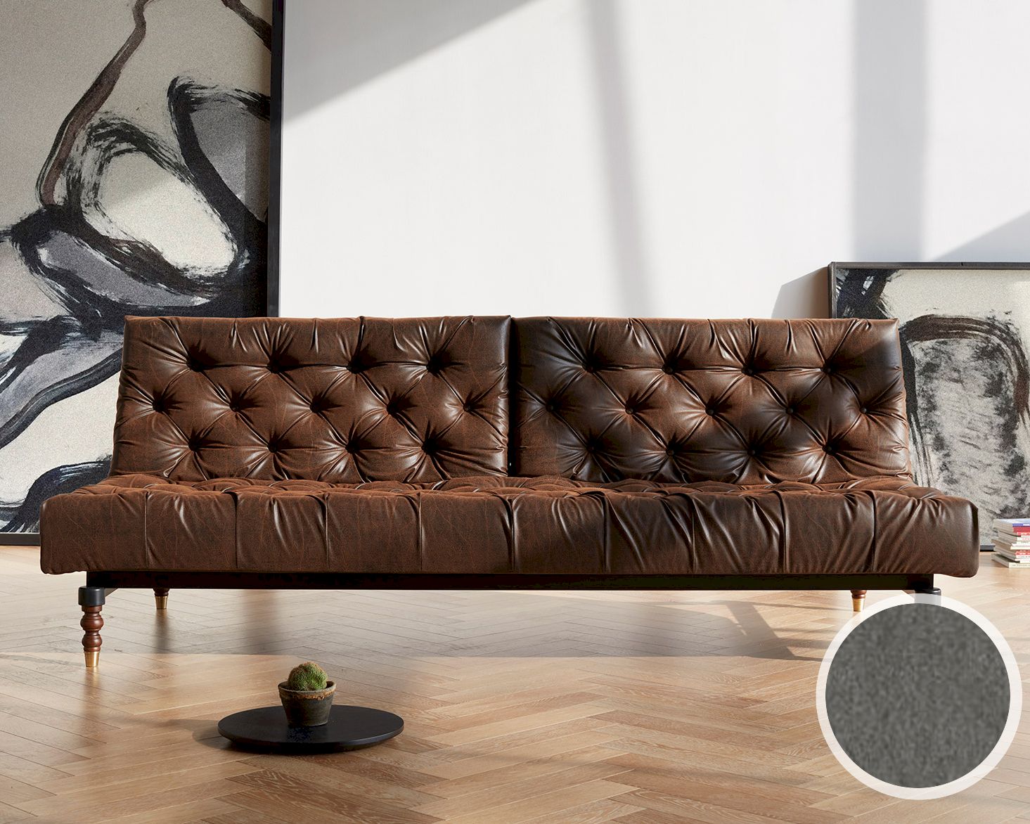 Innovation »Oldschool« Klappsofa Retro Dunkel-Holz/Schwarz / 461 Kunstleder Brown Vintage