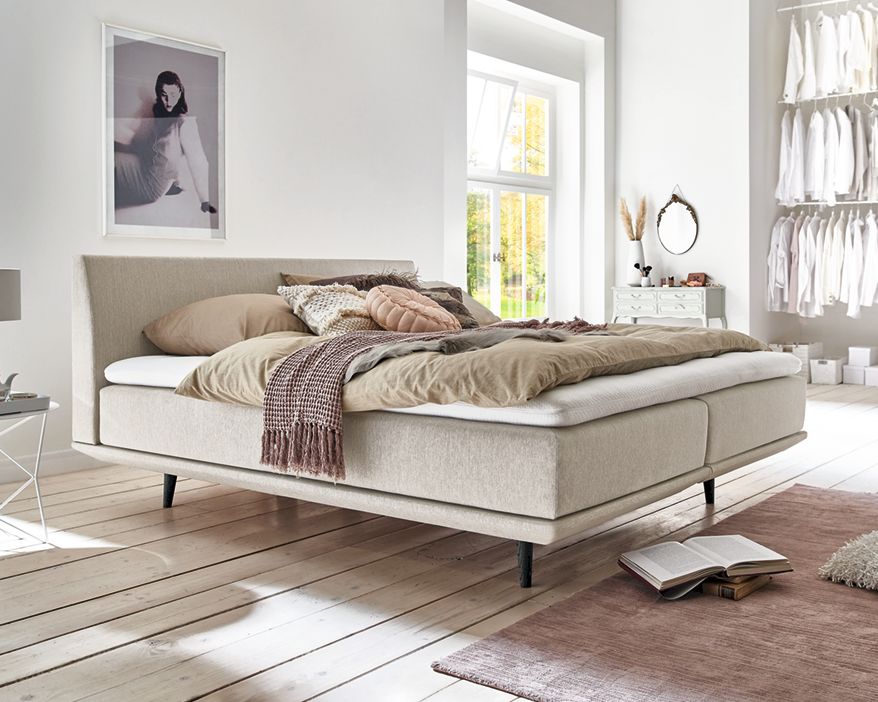 Kamjo »Piano« Boxspringbett inkl. Topper 200x200 cm / Pulse Latex Topper geheftet / Box 7 TFK Matratze optisch glatt geteilt / Kopfteil Piano Khaki