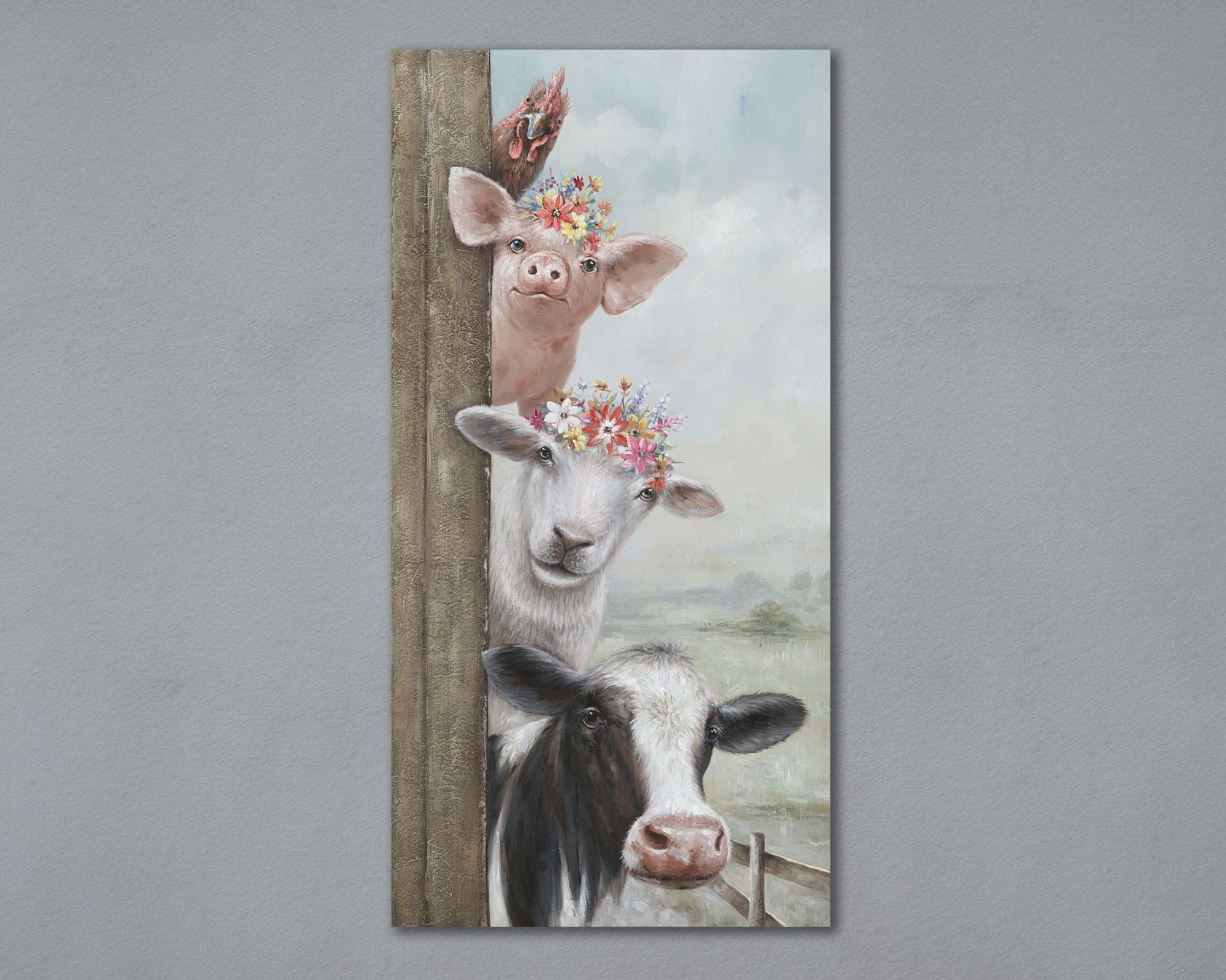 La Casa »Tiere schauen um die Ecke« Ölbild handbemalt 70x140 cm auf Leinwand