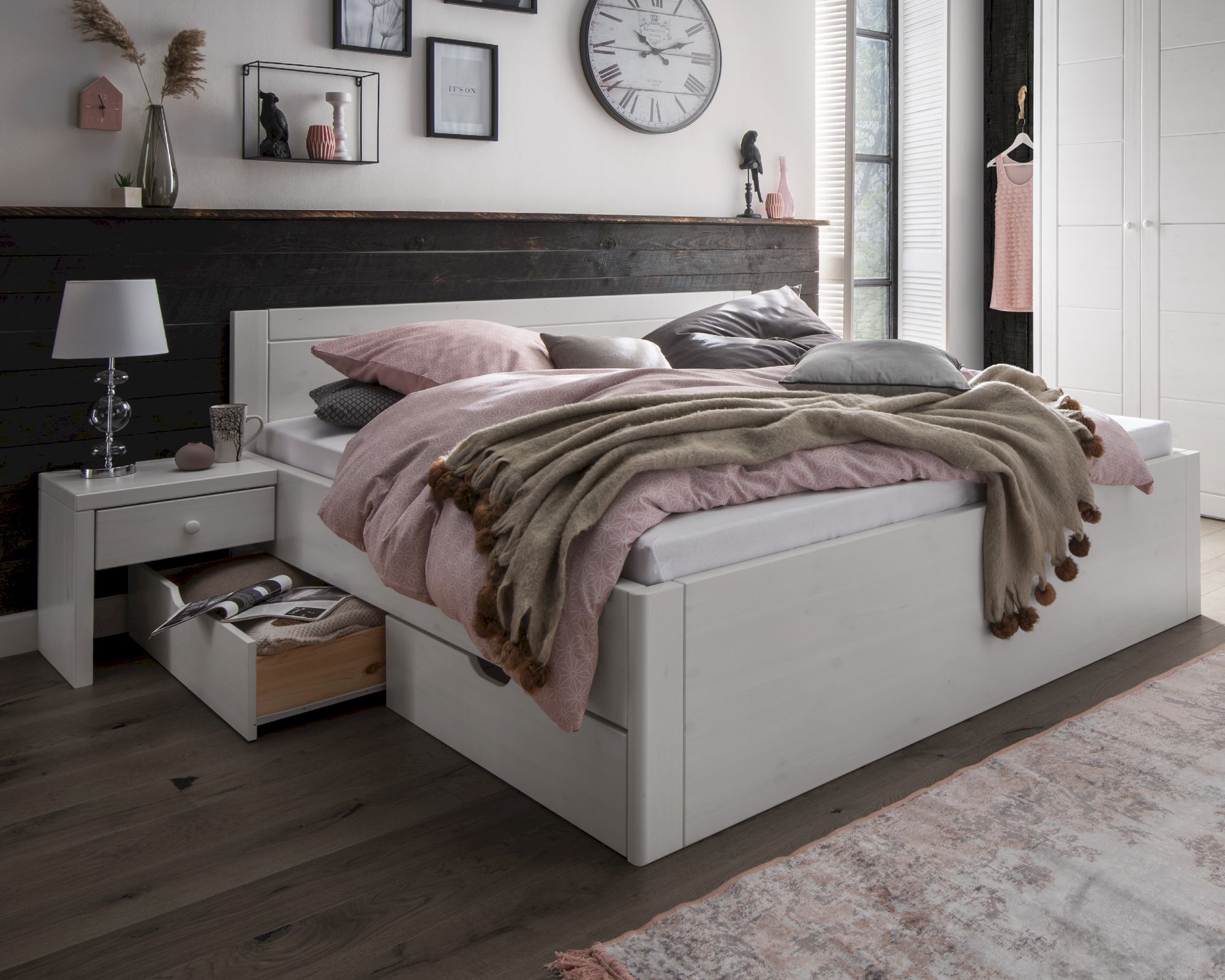 MassivHolz »Vita« Bett weiß mit 4 Schubkästen / 160x200 cm / weiss