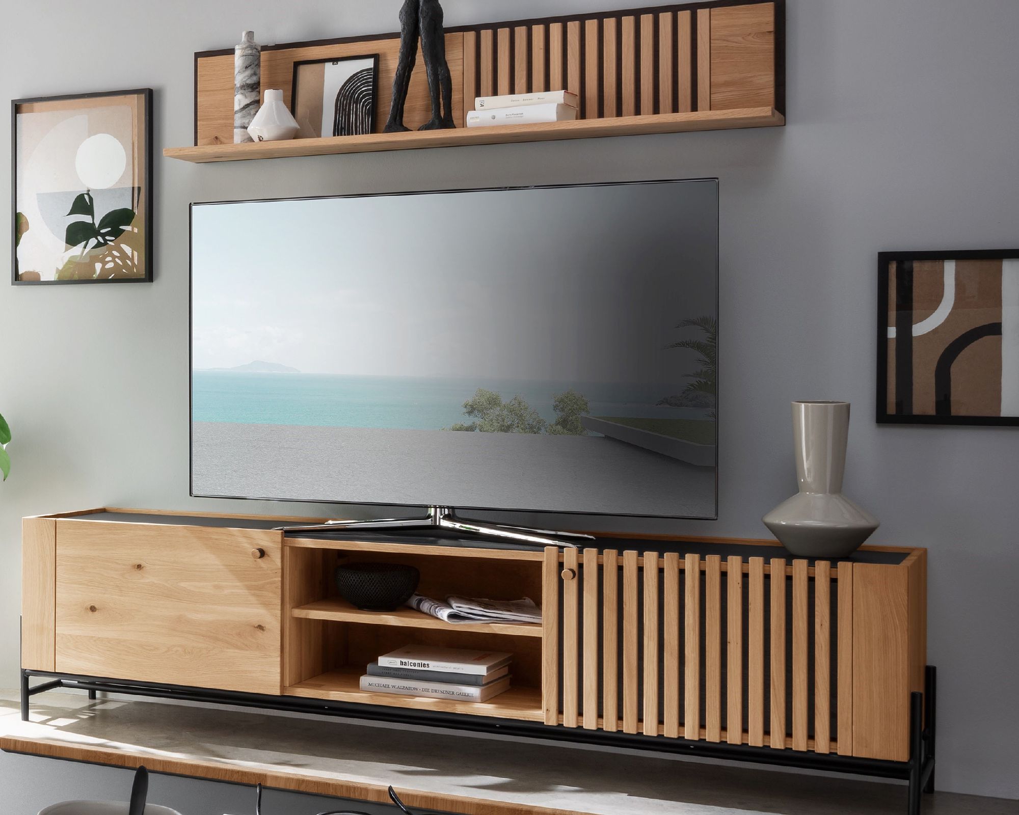 Massivholz »Ascona« Lowboard VI 200x51x45 cm / mit Inlay Anthrazitglas