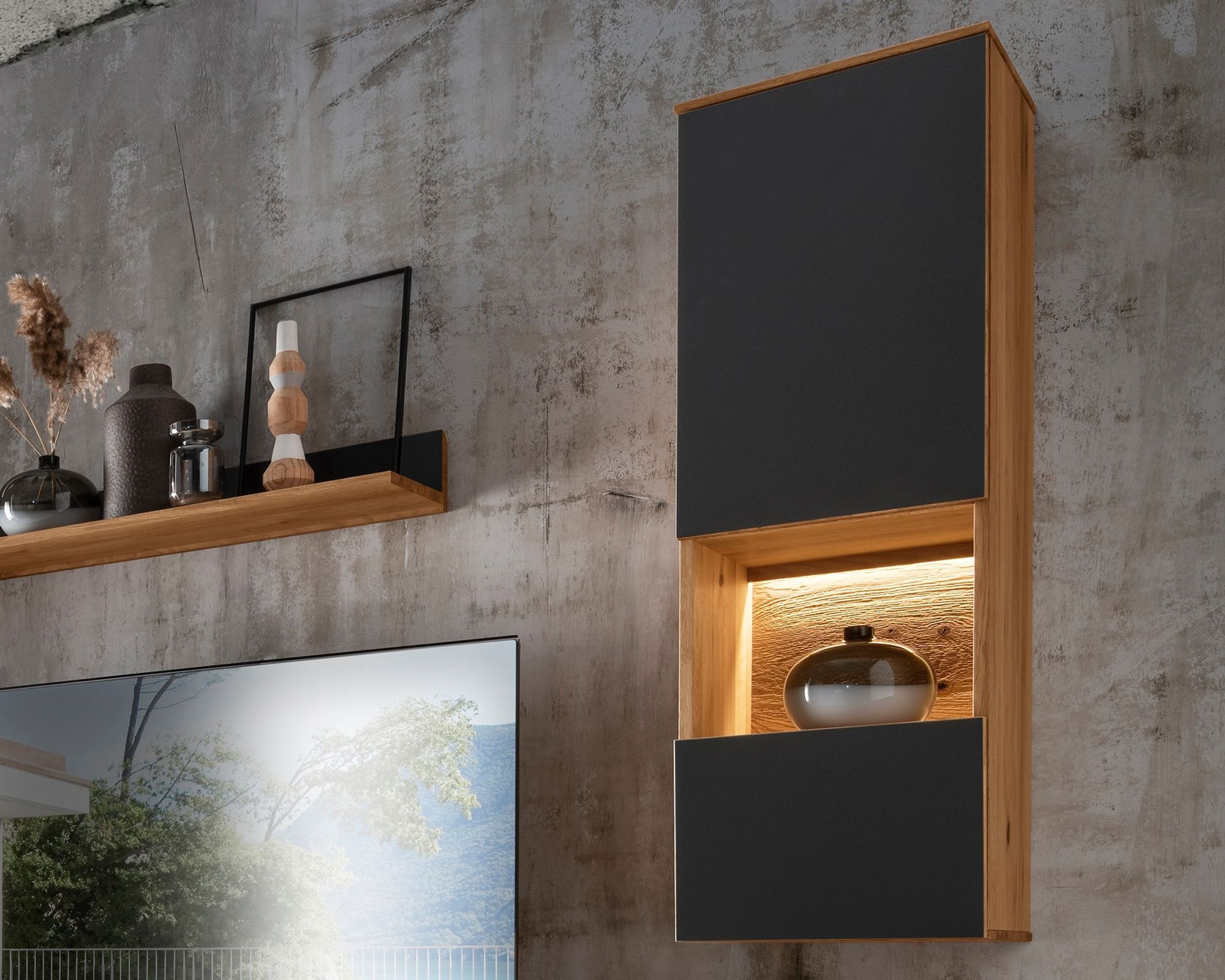 Massivholz »Boston« Hängevitrine 40x122x33 cm / Anschlag rechts