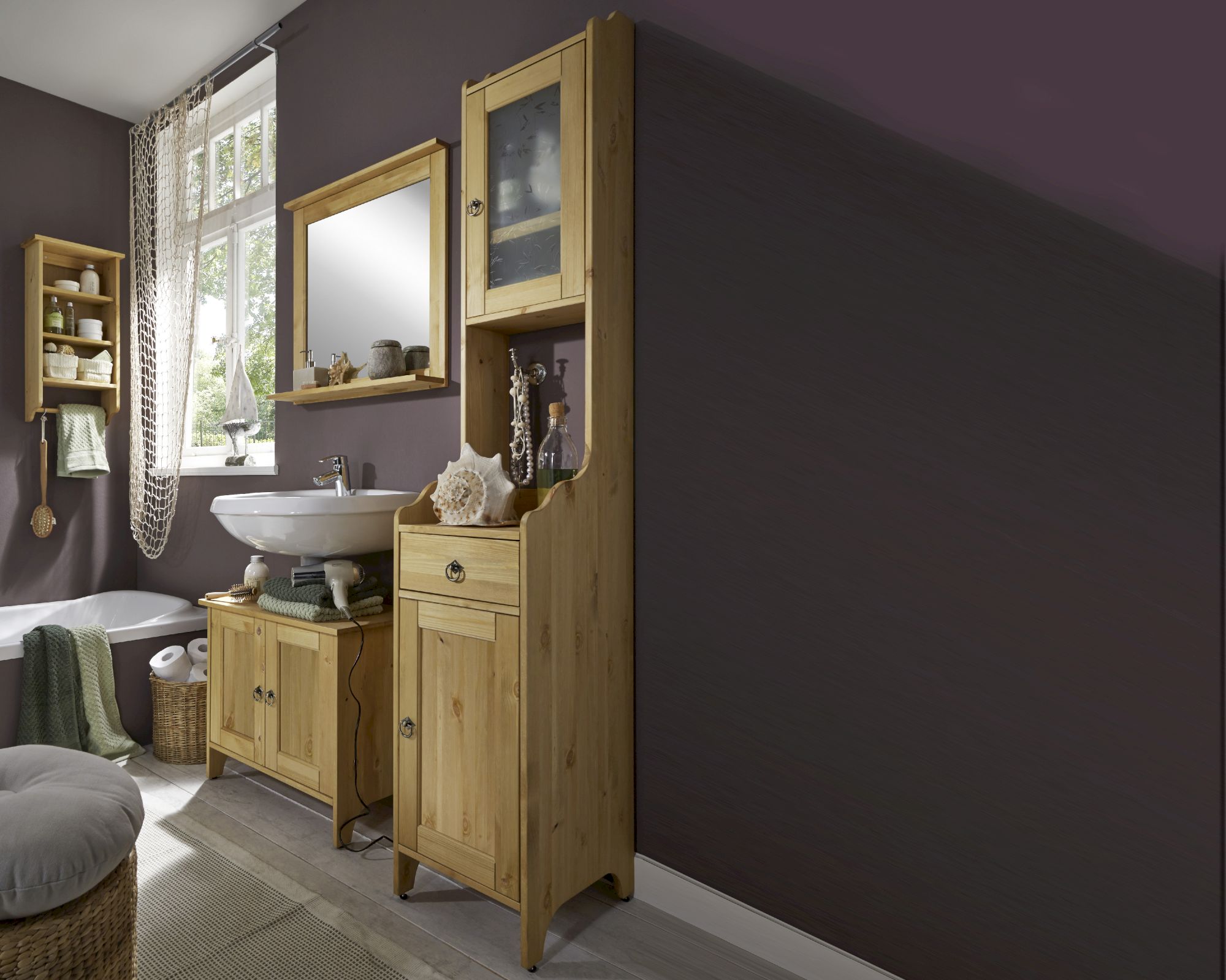 Massivholz »Country« Badezimmer Hochschrank laugenfarbig