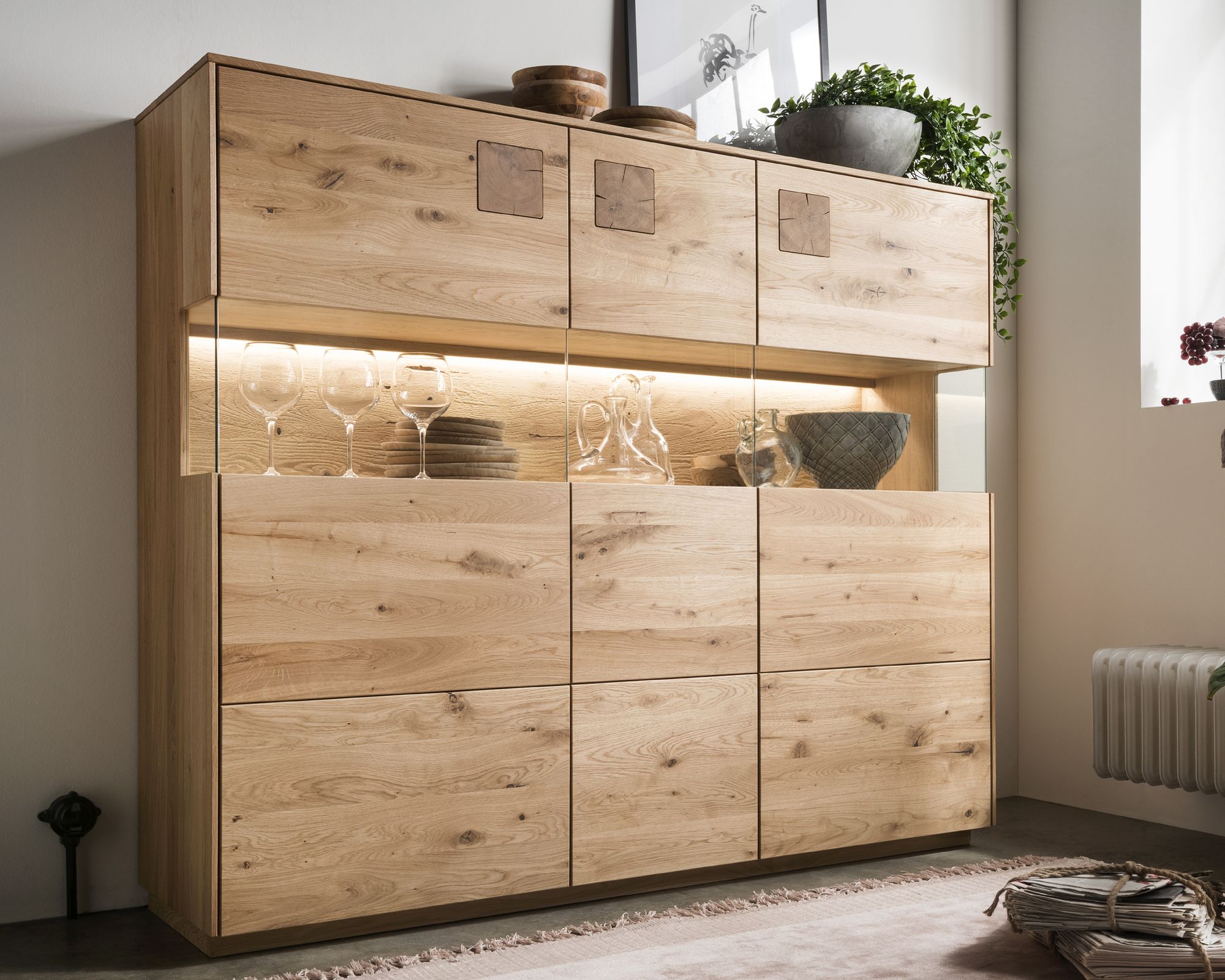 Massivholz »Davos« Highboard III Wildeiche natur geölt / mit Beleuchtung