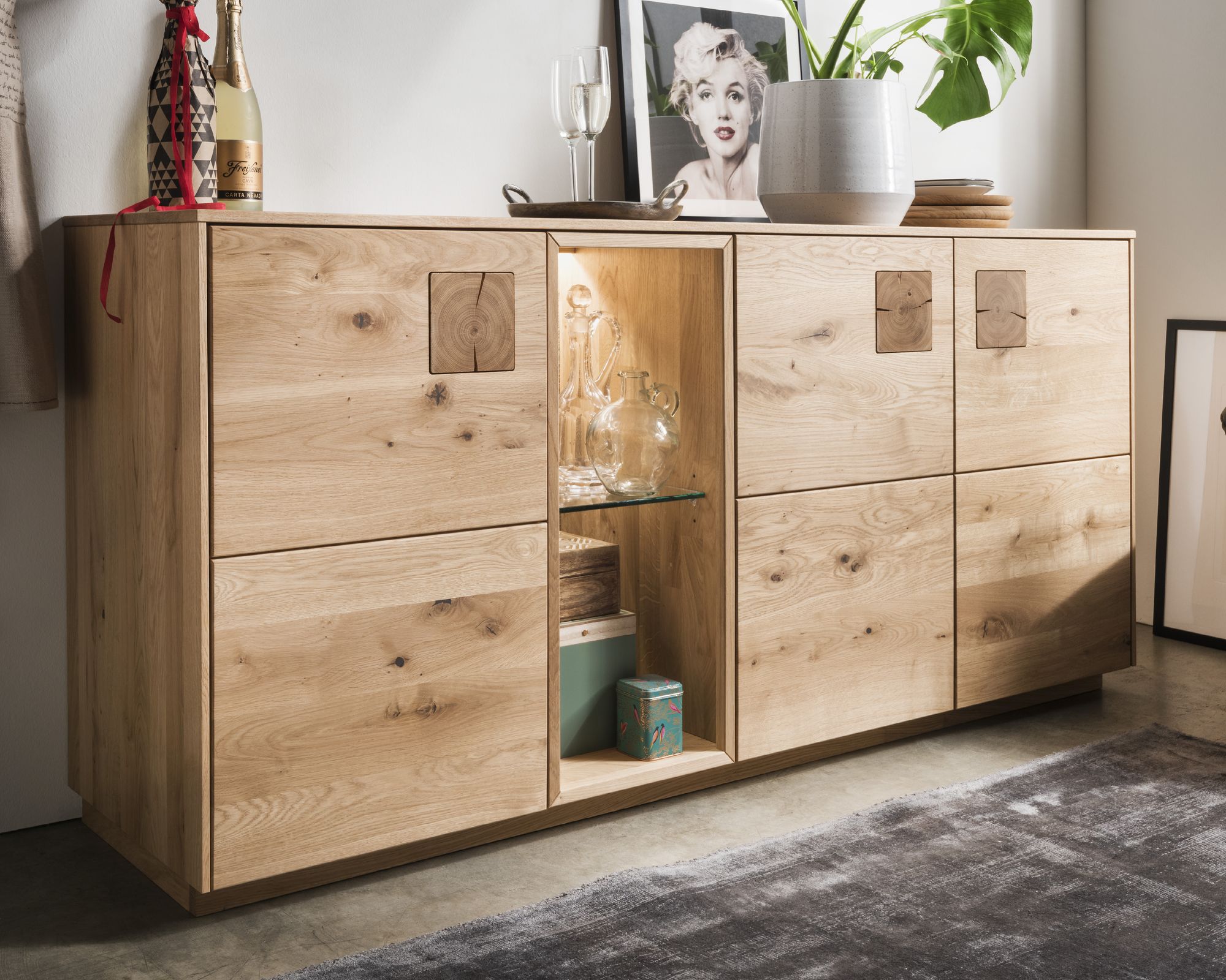Massivholz »Davos« Sideboard III Wildeiche bianco geölt / mit Beleuchtung