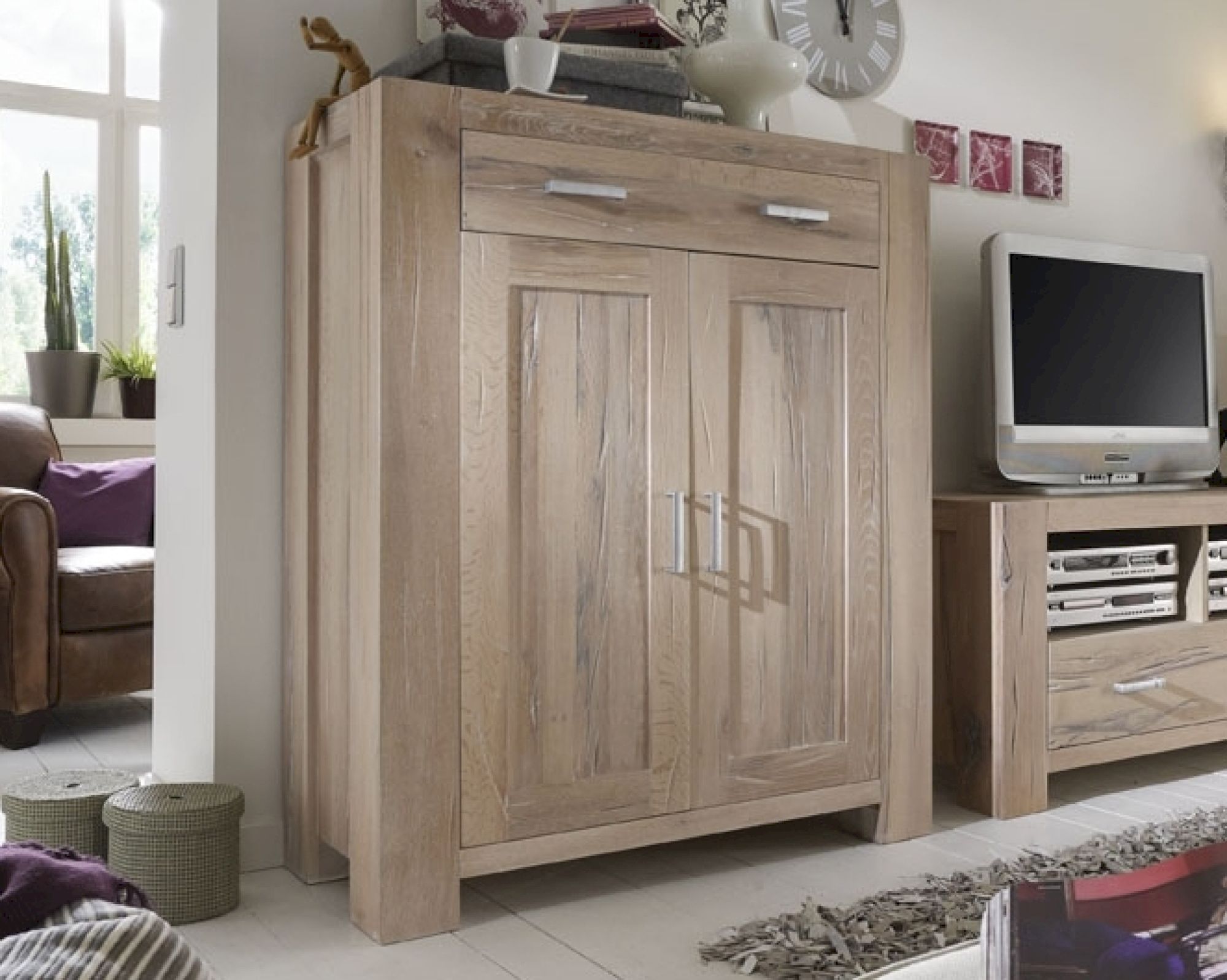 Massivholz »Fausto« Highboard - 2 Türen / 1 Schublade Wildeiche white wash