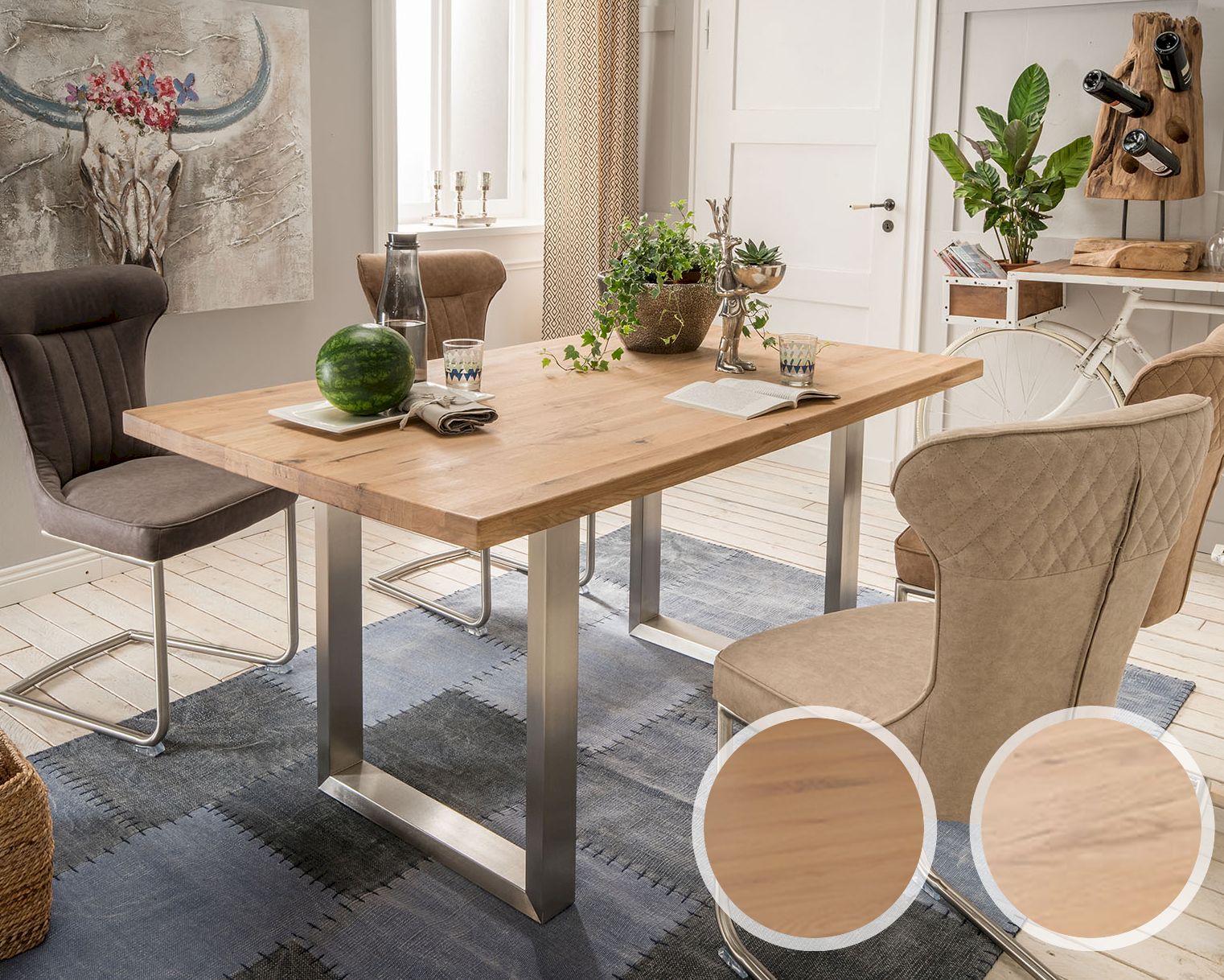 Massivholz »Oslo« Esstisch Turn Wildeiche Bianco geölt / Edelstahl Silber / 160x90 cm