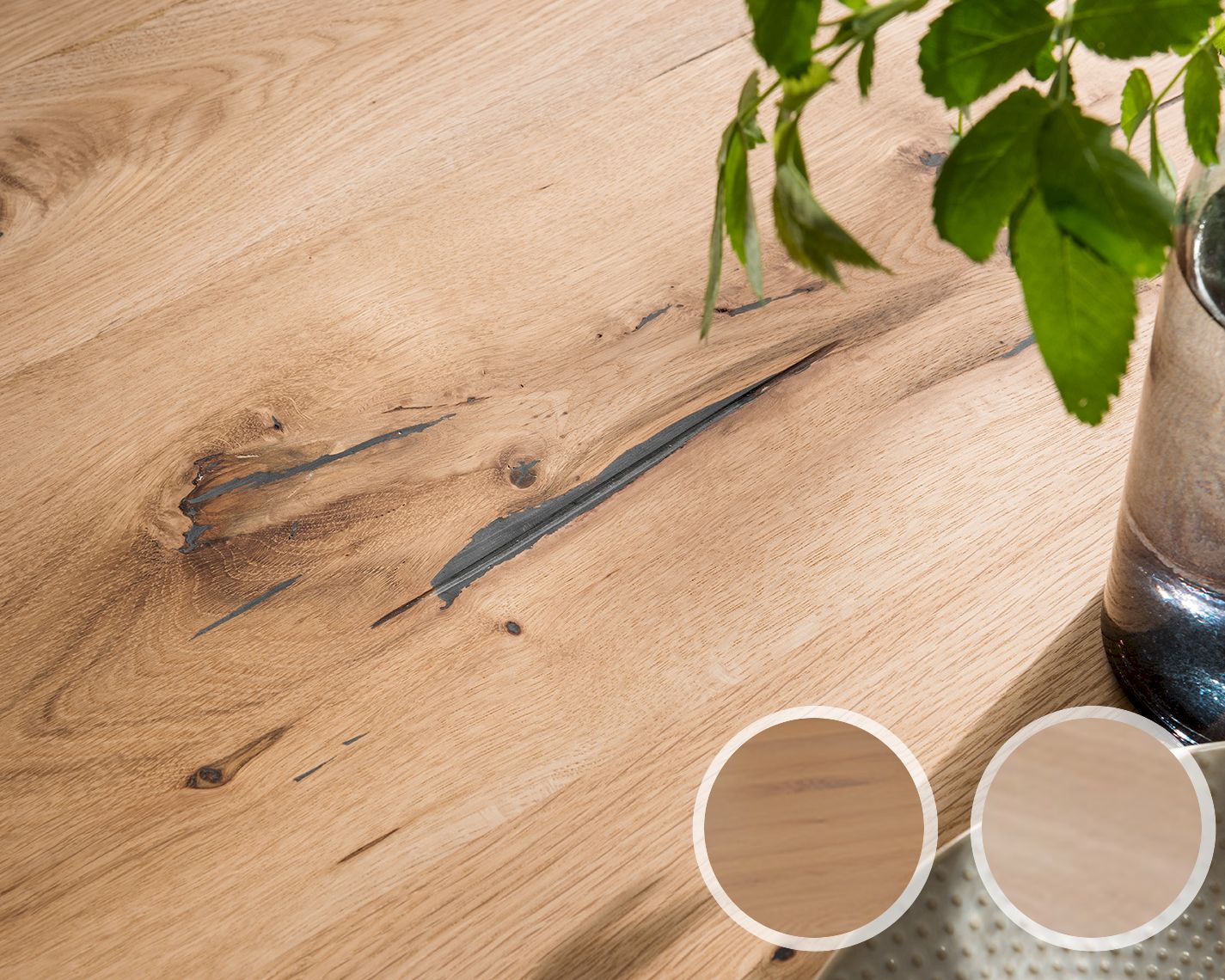 Massivholz »Monaco« Tabula Rasa Esstisch 4 cm / aufgedoppelt / Wildeiche white-wash / 200x100 cm