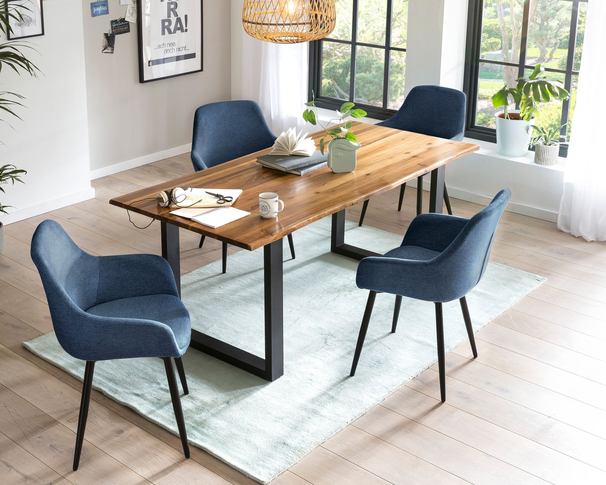 SalesFever »Lando-Leo« Esszimmergruppe Akazie dunkelblau Esstisch 180x90 cm