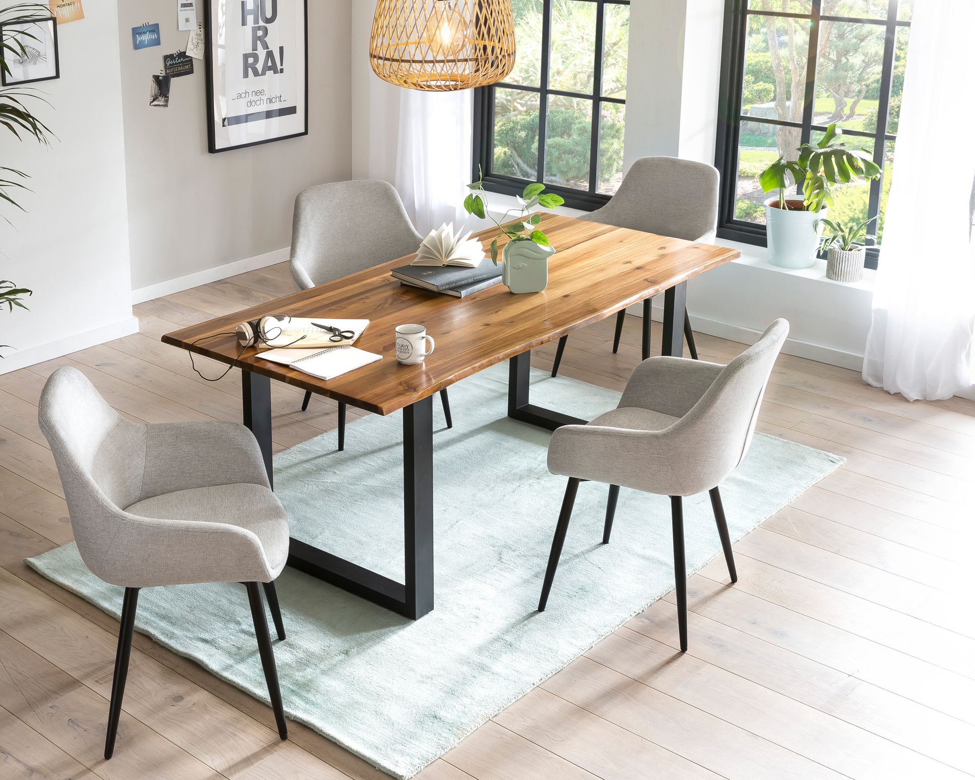 SalesFever »Lando-Leo« Esszimmergruppe Akazie hellgrau Esstisch 180x90 cm