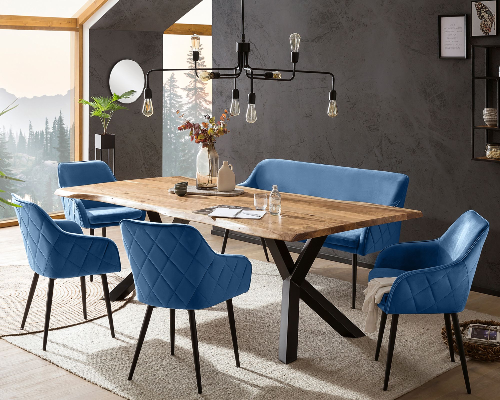 SalesFever »Saira-Freja-Finja« Esszimmergruppe Akazie Samt blau Esstisch 240x110 cm