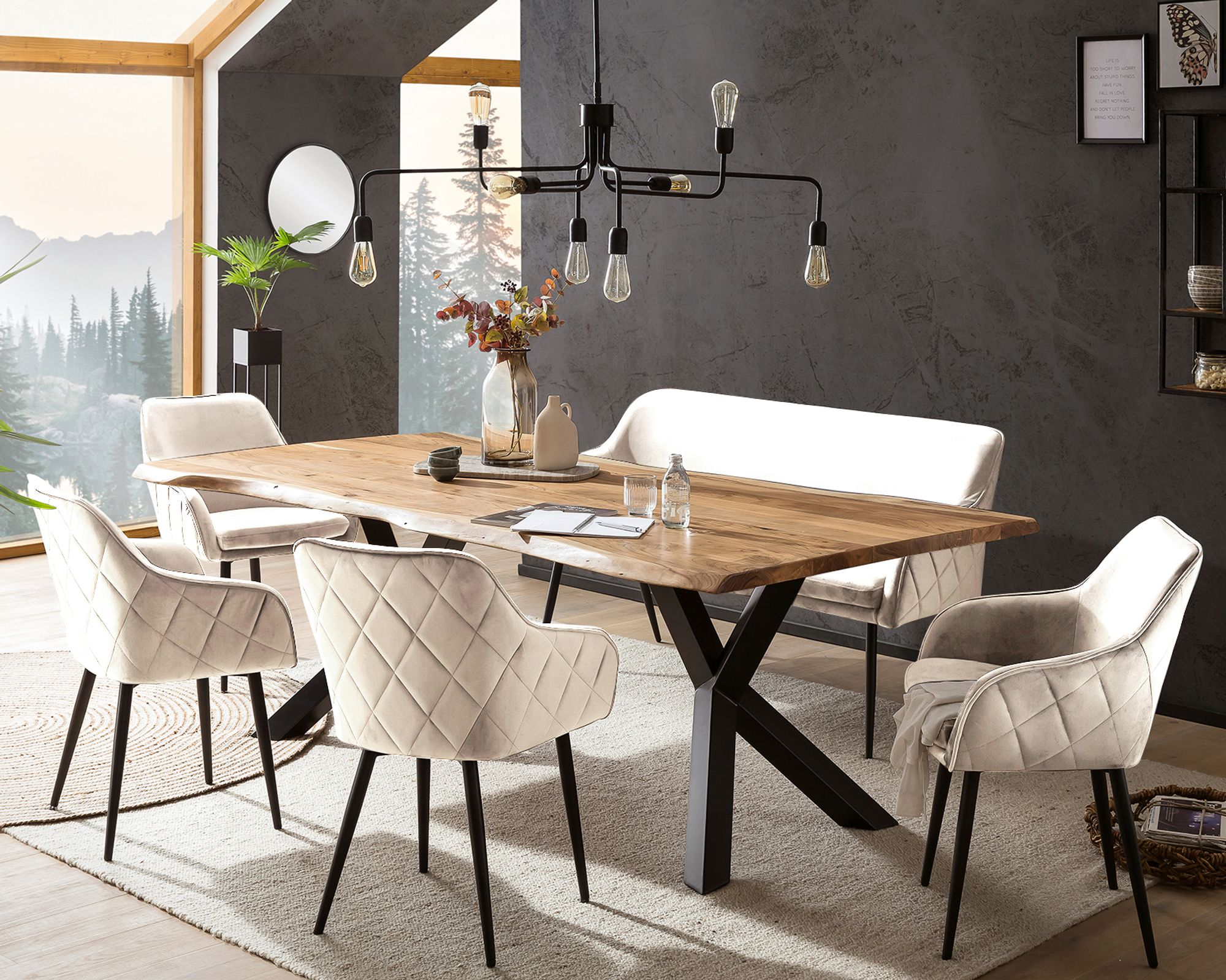 SalesFever »Saira-Freja-Finja« Esszimmergruppe Akazie Samt creme Esstisch 220x110 cm