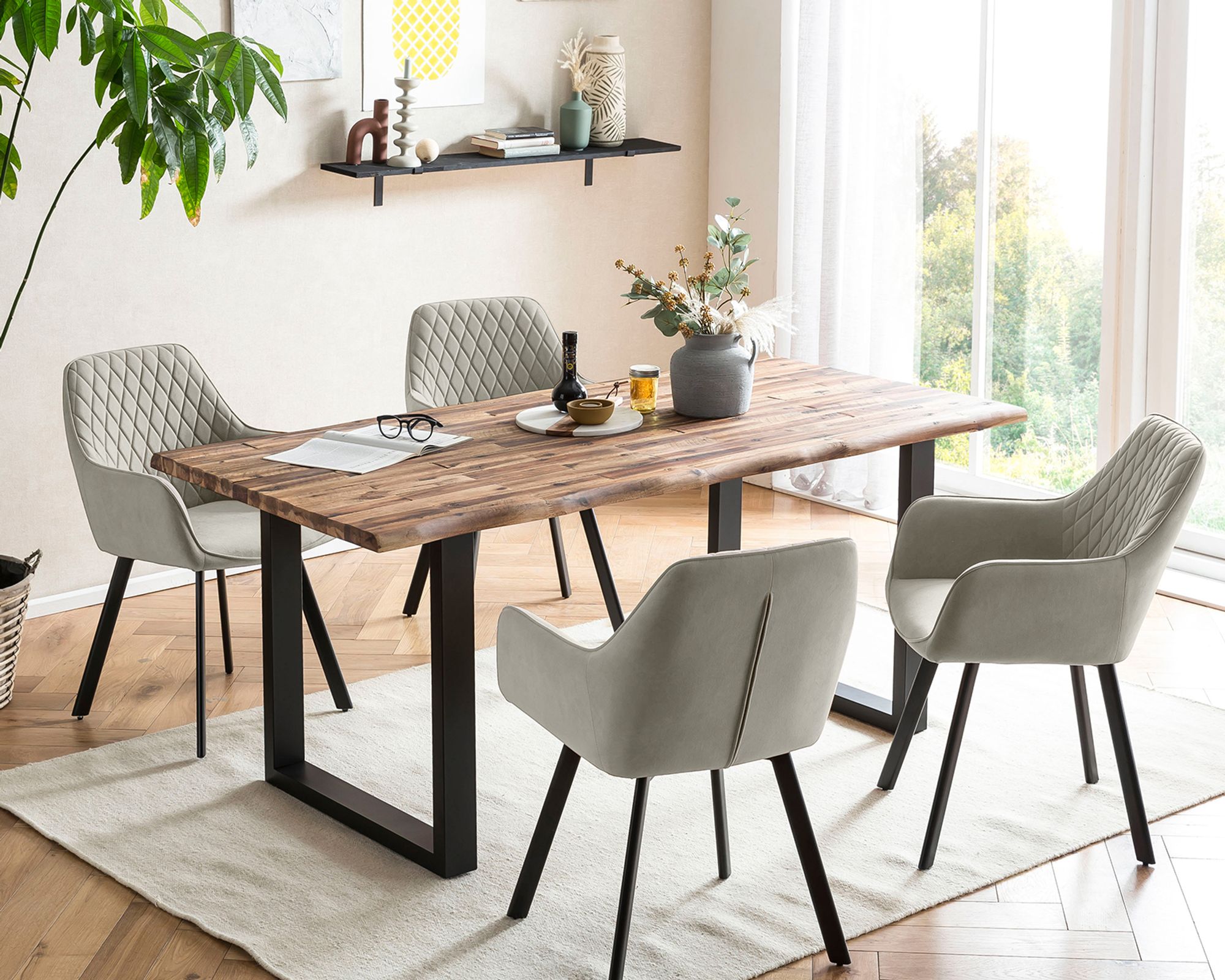SalesFever »Wilson-Cristobal« Esszimmergruppe Akazie natur/schwarz beige Esstisch 180x90 cm