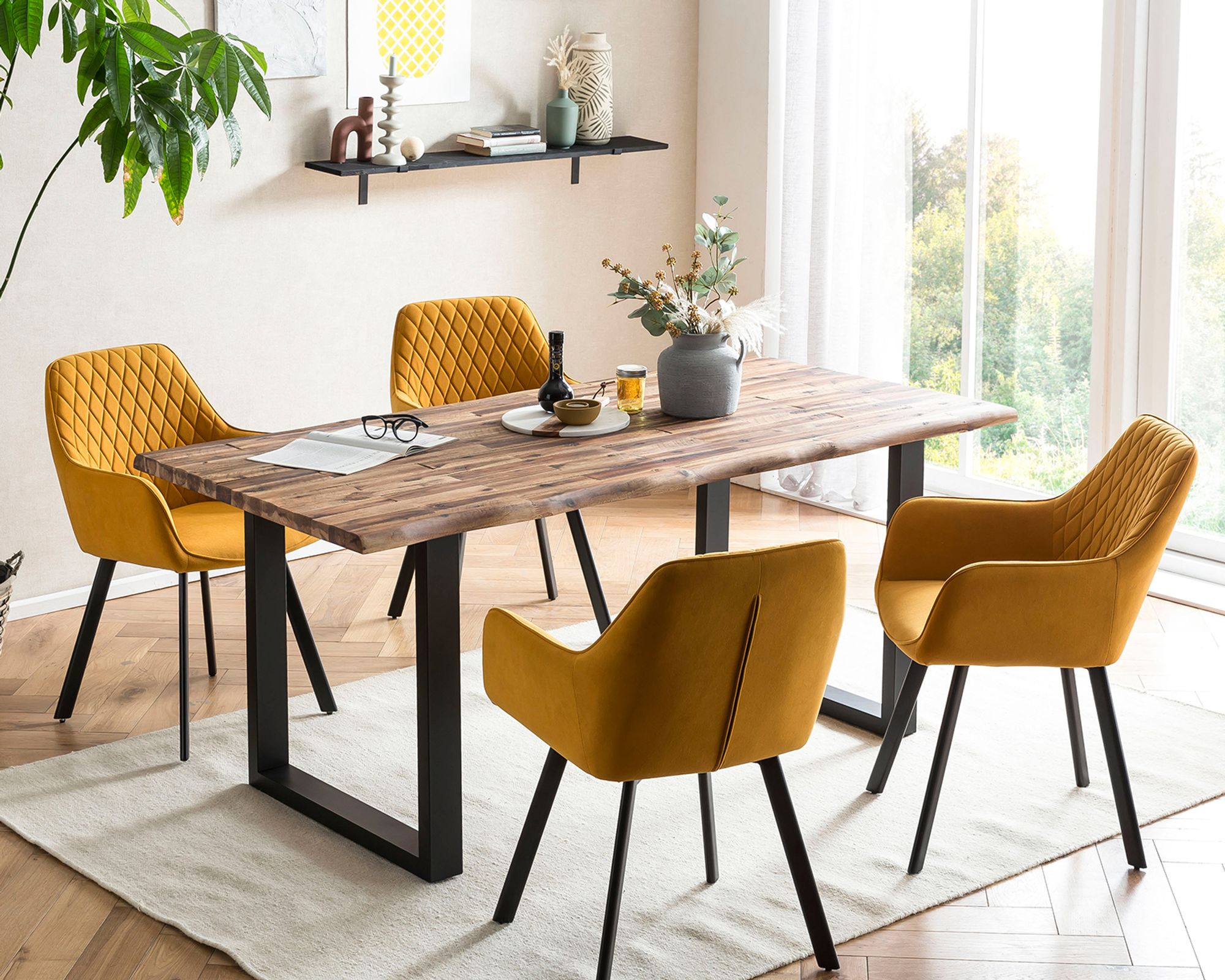 SalesFever »Wilson-Cristobal« Esszimmergruppe Akazie natur/schwarz gelb Esstisch 180x90 cm