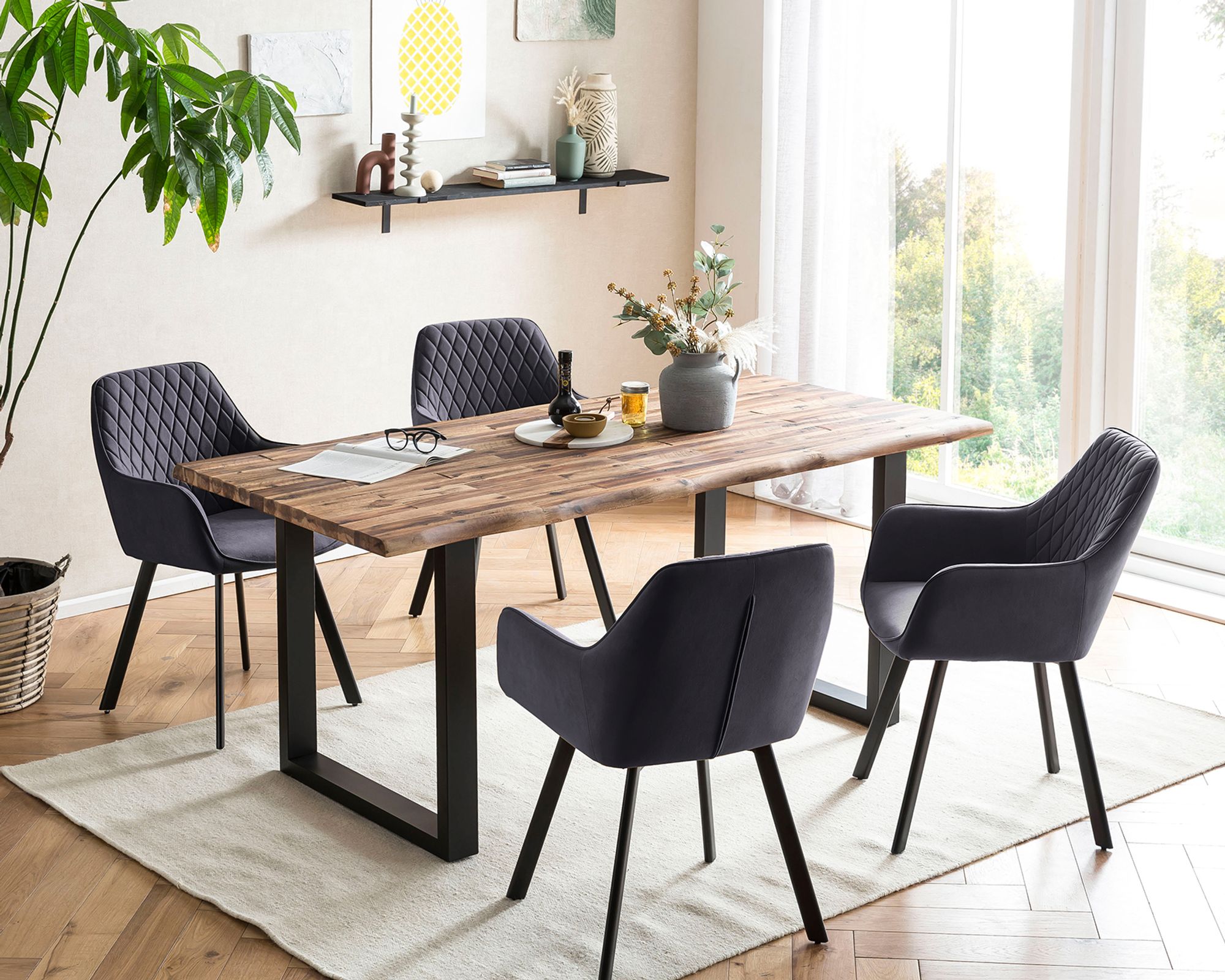 SalesFever »Wilson-Cristobal« Esszimmergruppe Akazie natur/schwarz grau Esstisch 180x90 cm