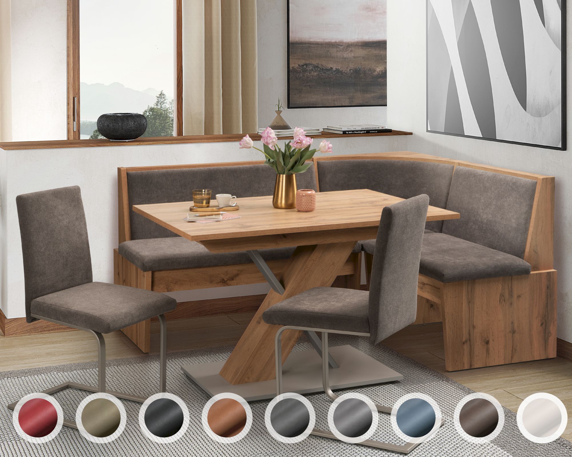 Schösswender »Inka« Eckbankgruppe I 147x187 cm / Gavin 04 hellbraun / geschlossen / Rundecke / Appalachian Oak Dekor