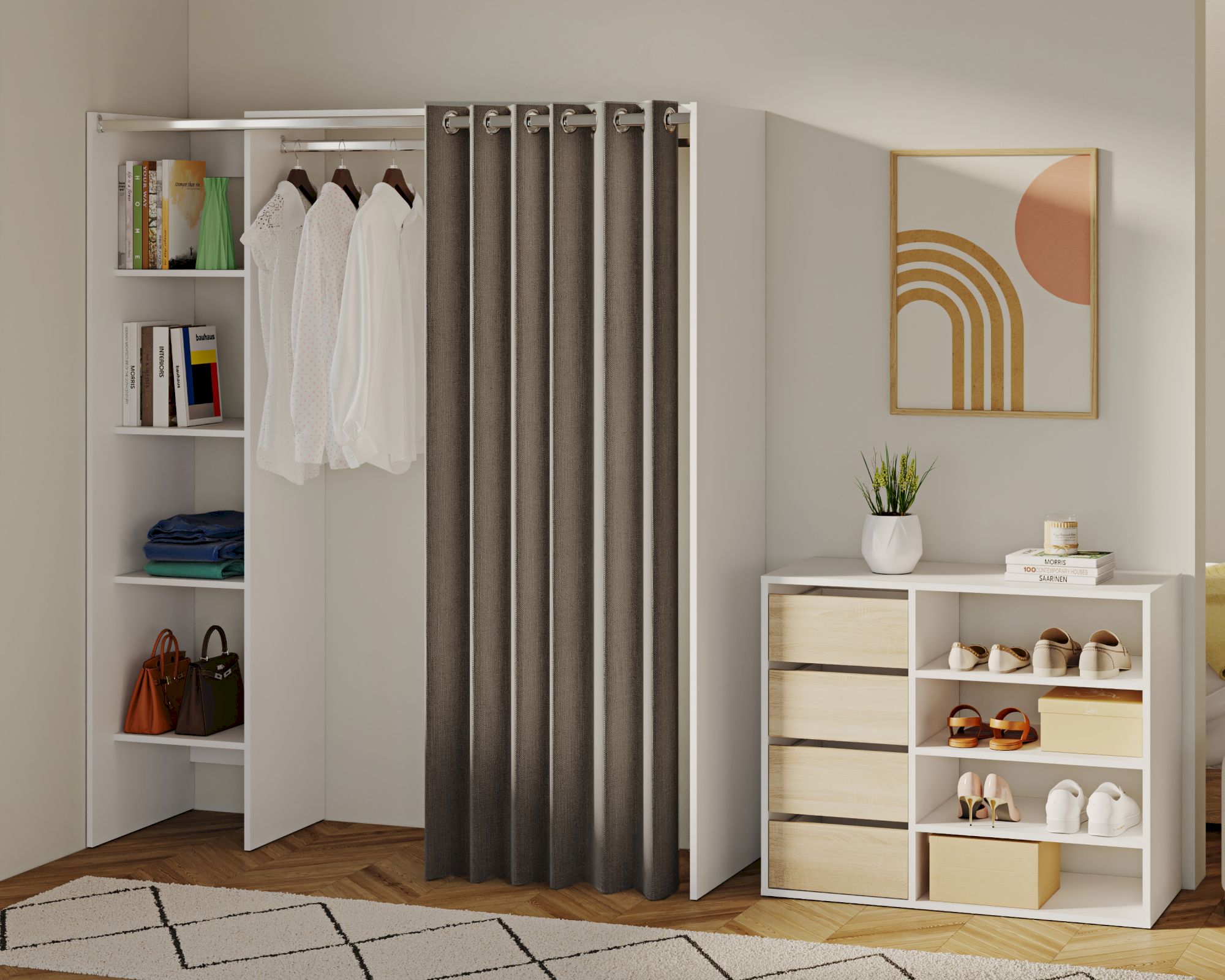 TemaHome »Tom 1« Kleiderschrank mit Vorhang Weiß Taupe 123/160x182x50 cm