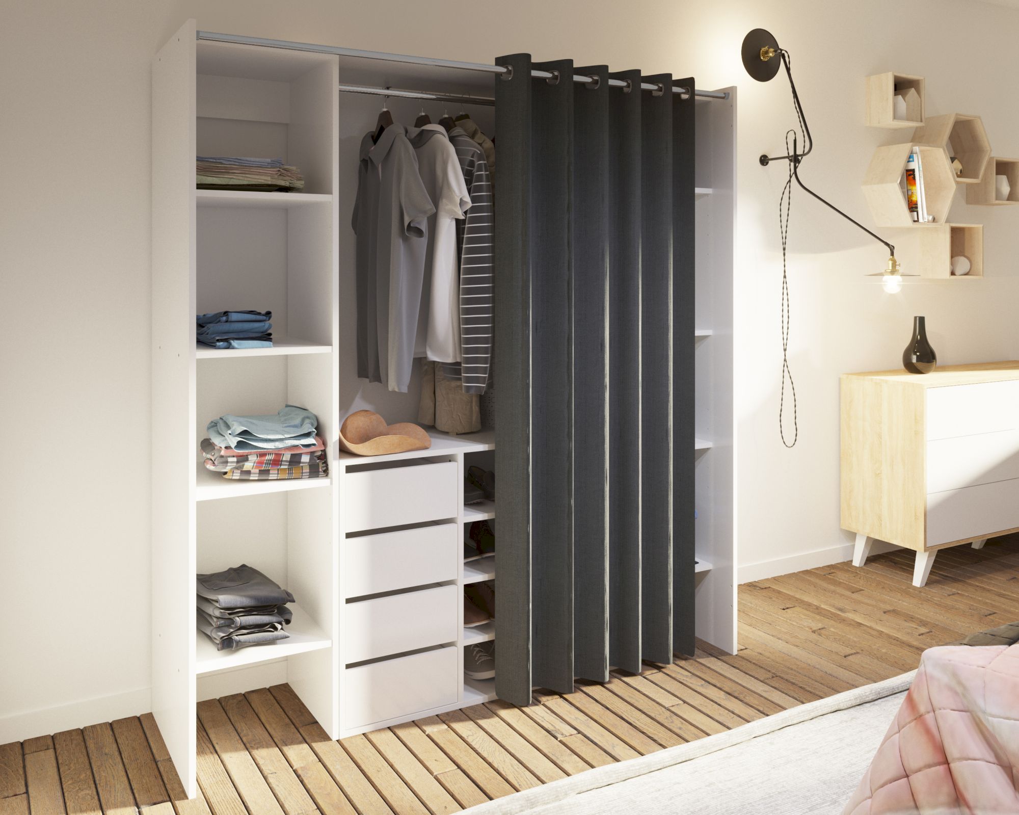 TemaHome »Tom 2.1« Kleiderschrank mit Vorhang Weiß Dunkelgrau 112/185x182x50 cm