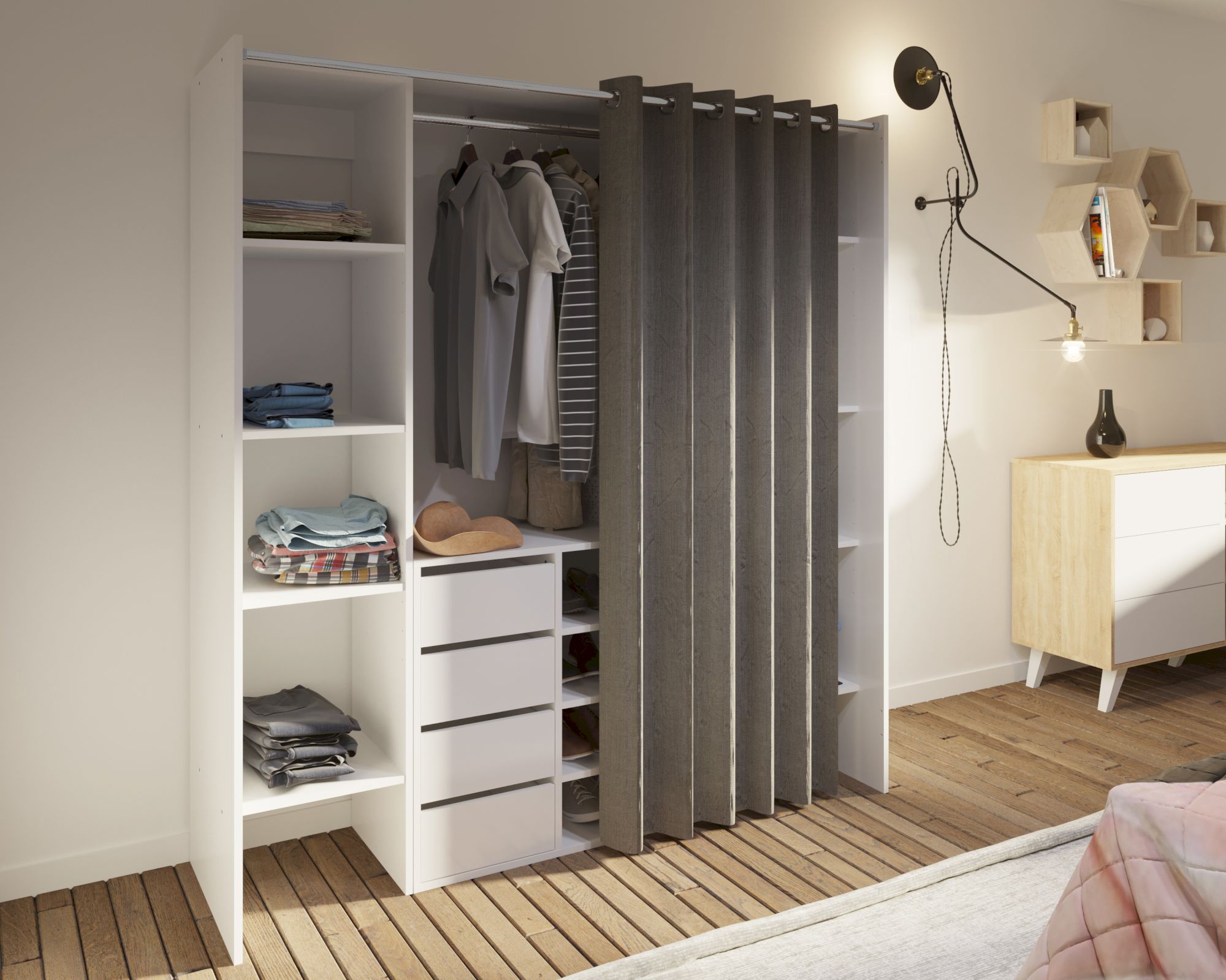 TemaHome »Tom 2.1« Kleiderschrank mit Vorhang Weiß Taupe 112/185x182x50 cm