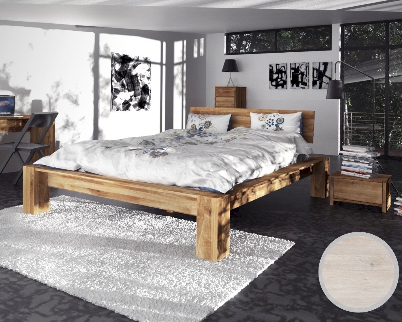 The Beds James Massivholz Bett hoch 1601 / 160x200 cm / Wildeiche weiss geölt / breit