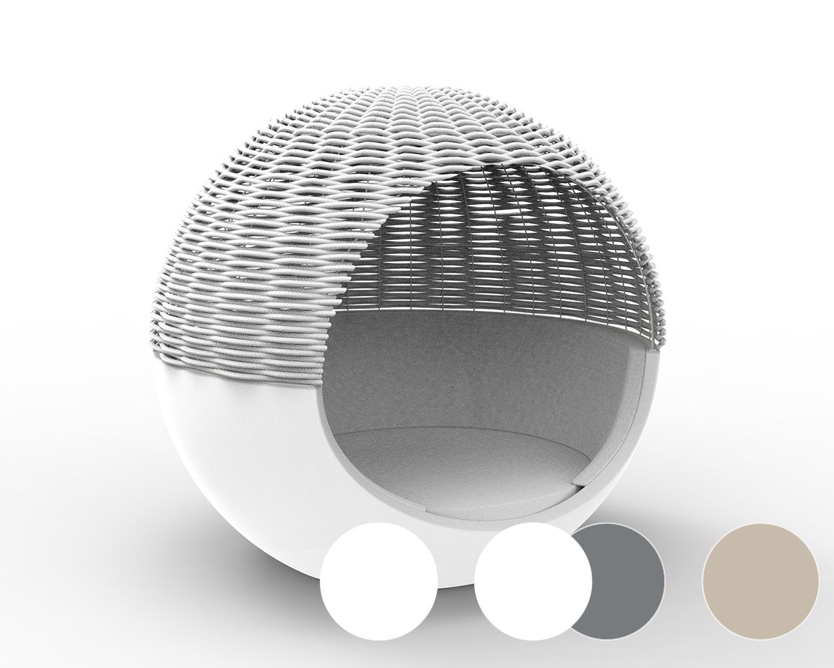 Vondom »ULM« Outdoor Mond Daybed geflochtenes Seildach Basic Matt / White mit Bezug Silvertex White 4004 / Dach Cordon Steel