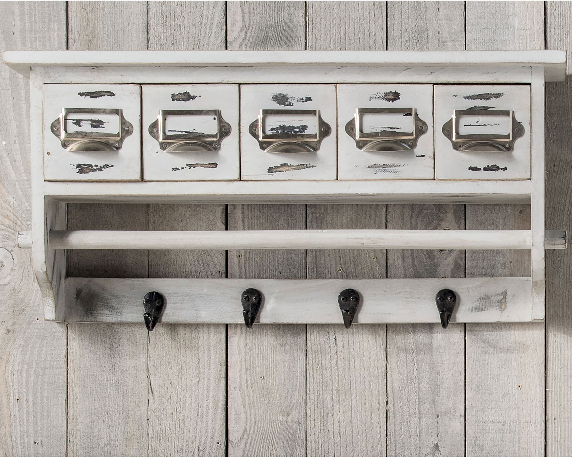 die Faktorei »Vintage« Wandregal White 5 Schubfächer, 4 Haken, 1 Kleiderstange