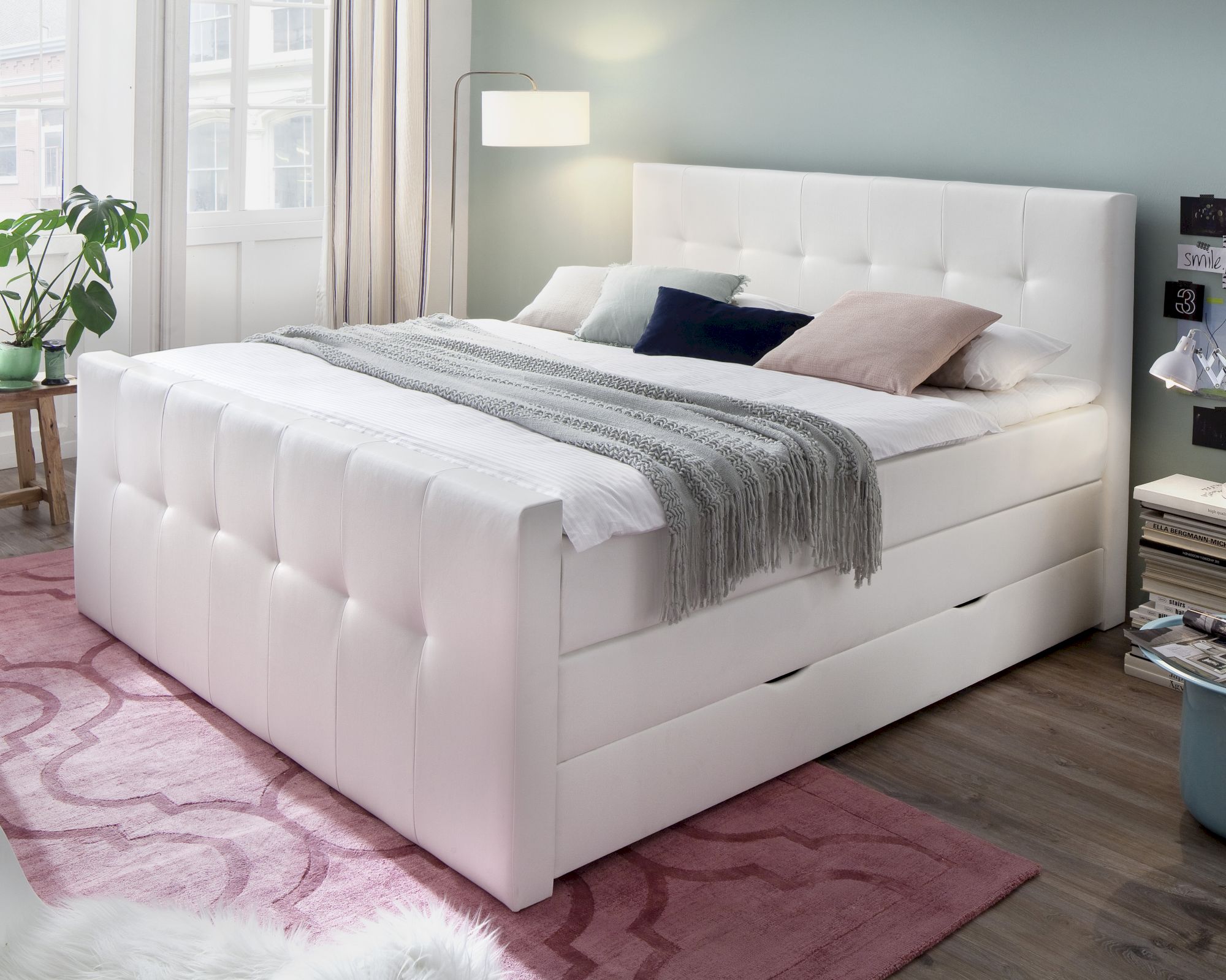 meise.möbel Boxspringbett Star inkl. Bettkasten 180x200 cm / Kunstleder weiss / mit Swarovski -Kristallen / MTTFK 1000 / H2/H3
