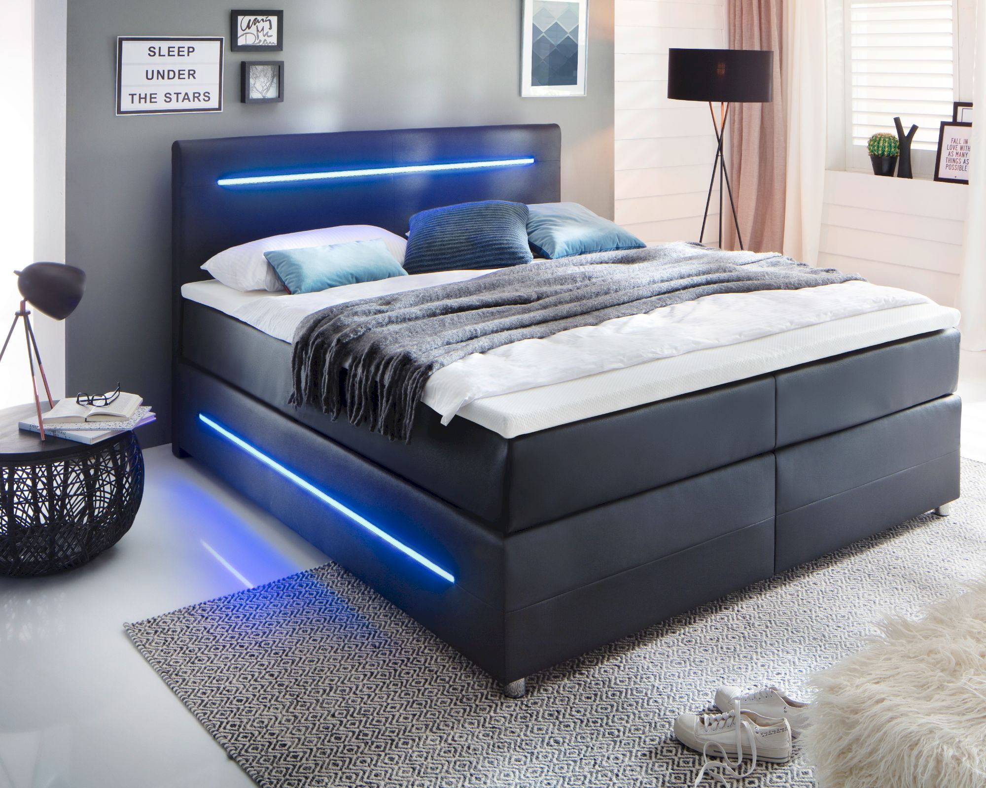 meise.möbel »Lights« Boxspringbett schwarz 160x200 cm / Bonnell-Federkern inkl. Topper